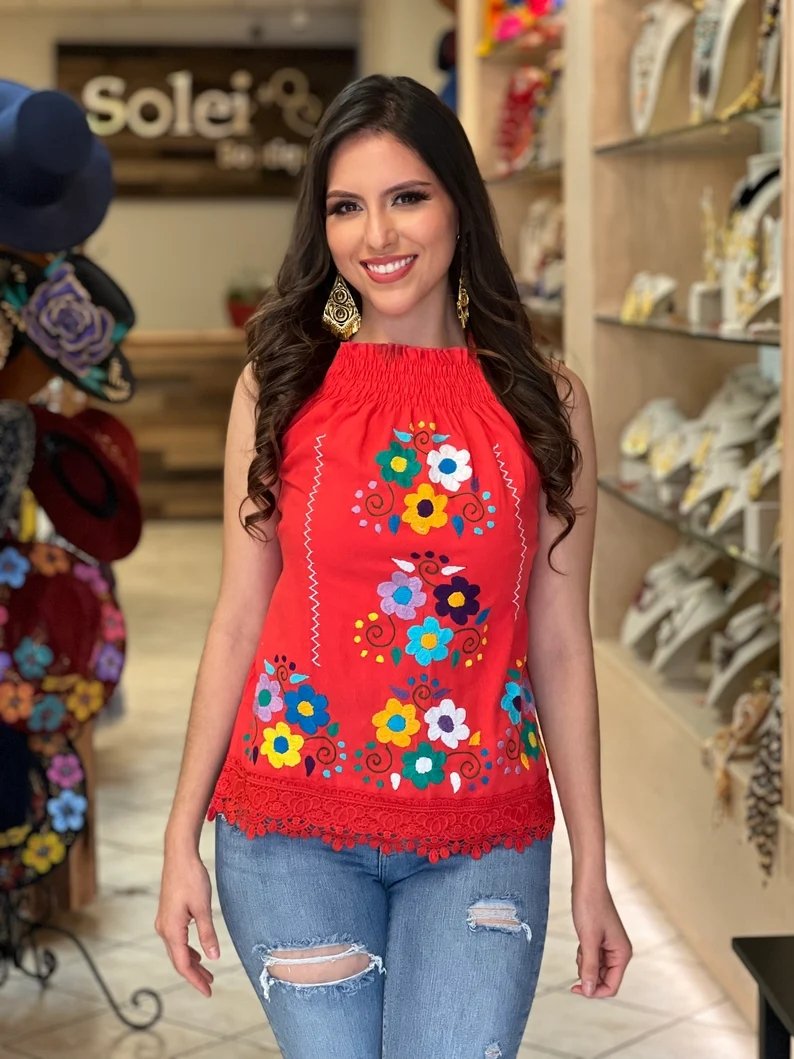 Mexican Hand Embroidered Floral Halter Blouse. Blusa Halter Vanessa - Solei Store