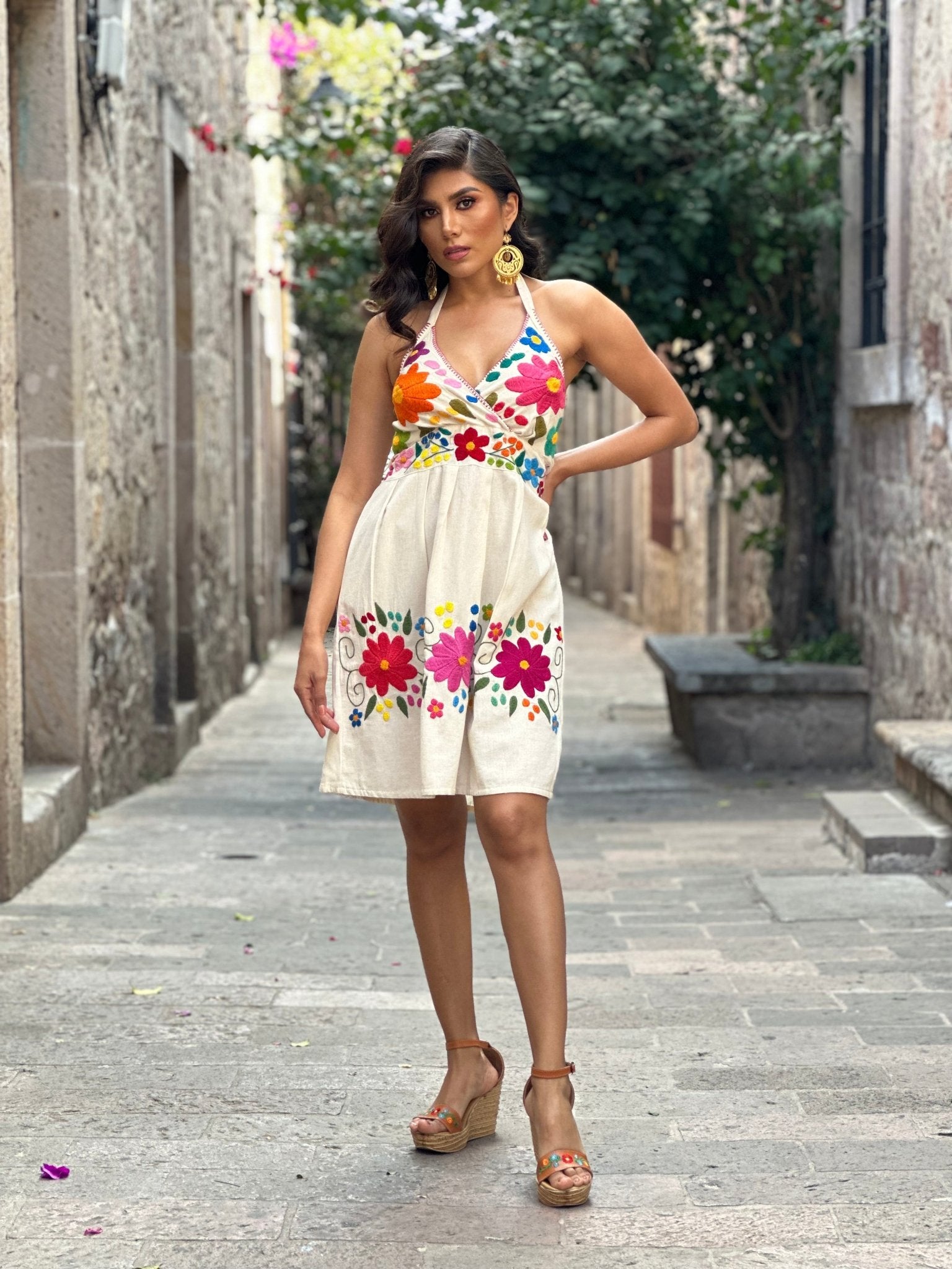 Mexican Hand Embroidered Floral Halter Dress. Vestido Lucy. - Solei Store