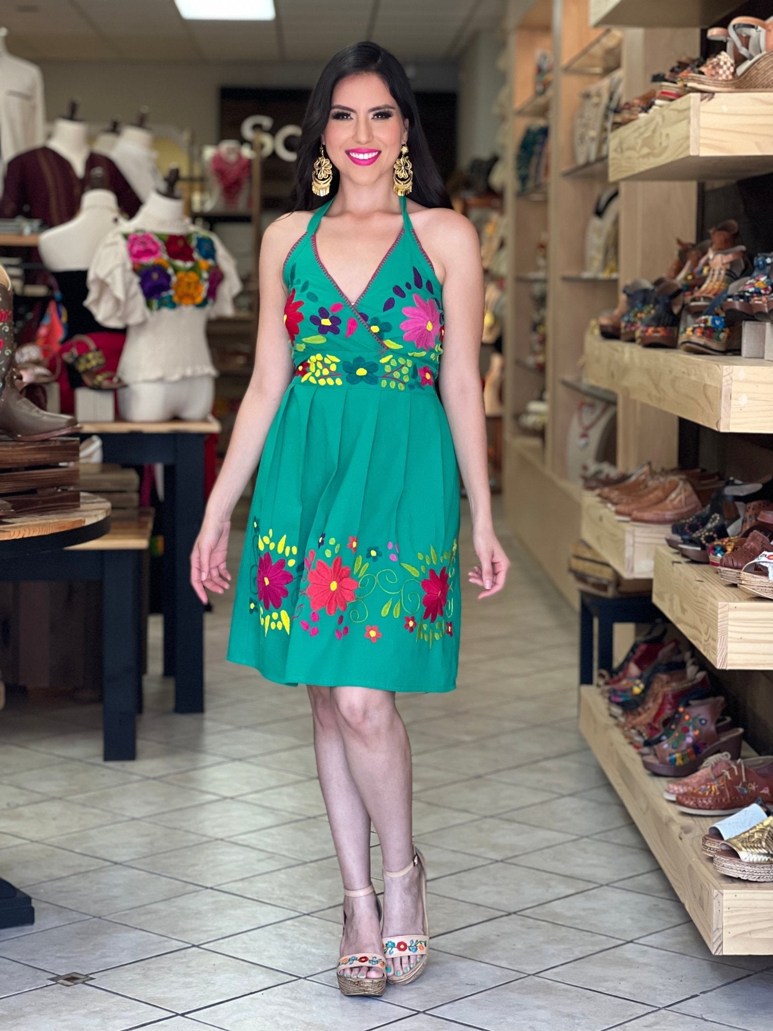 Mexican Hand Embroidered Floral Halter Dress. Vestido Lucy. - Solei Store