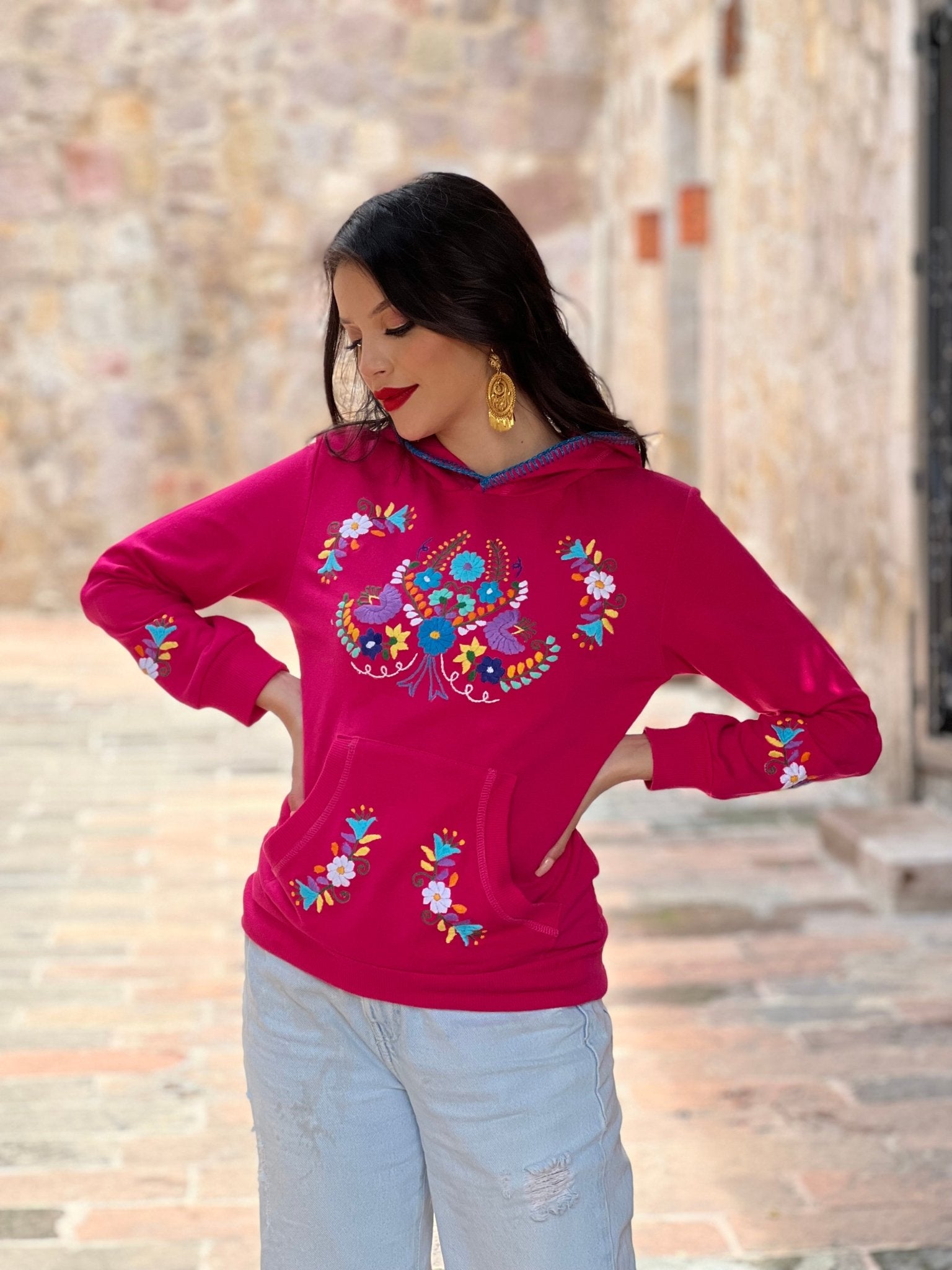 Mexican Hand Embroidered Floral Hoodie. Poblana Hoodie - Solei Store