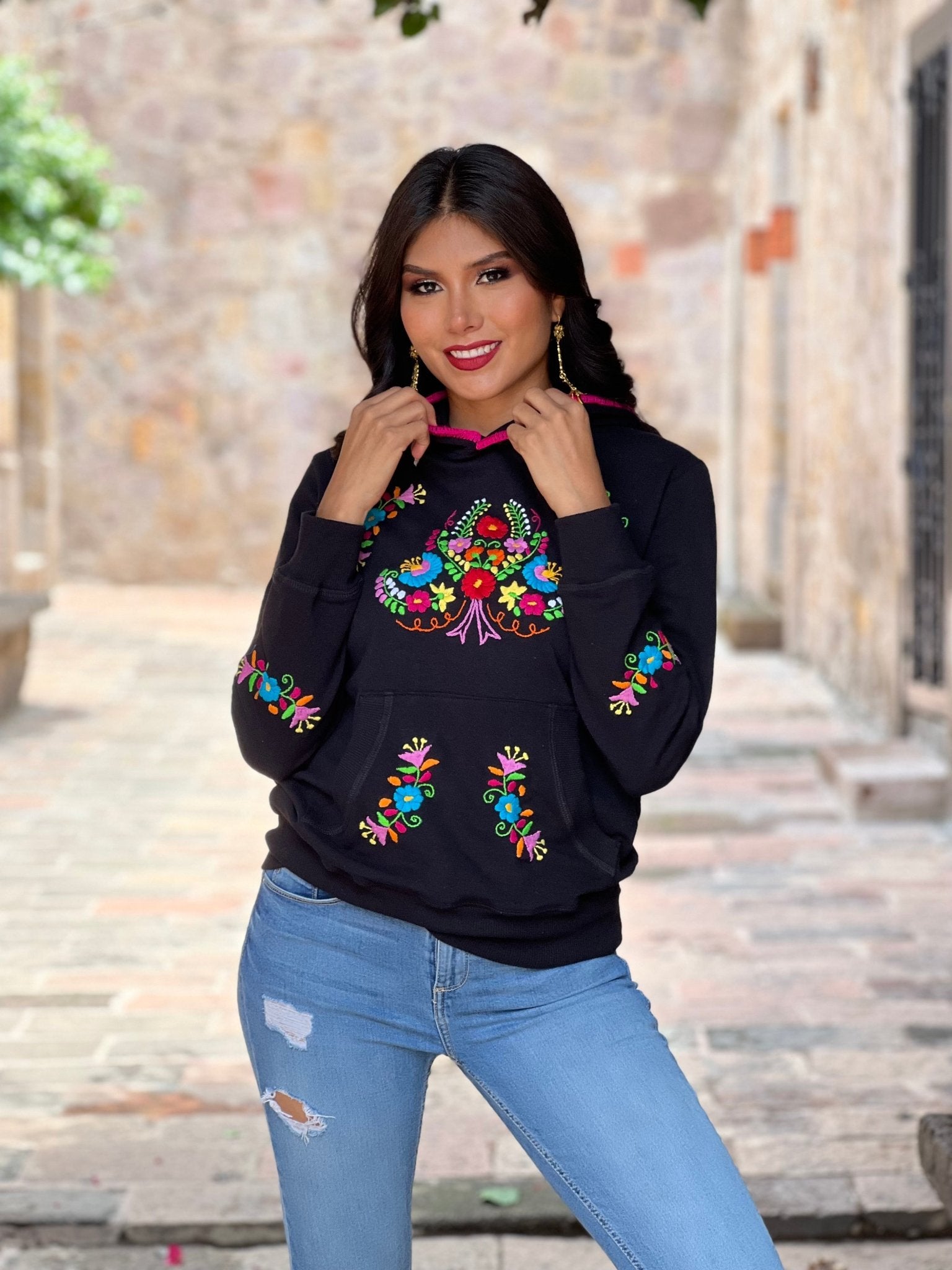 Mexican Hand Embroidered Floral Hoodie. Poblana Hoodie - Solei Store