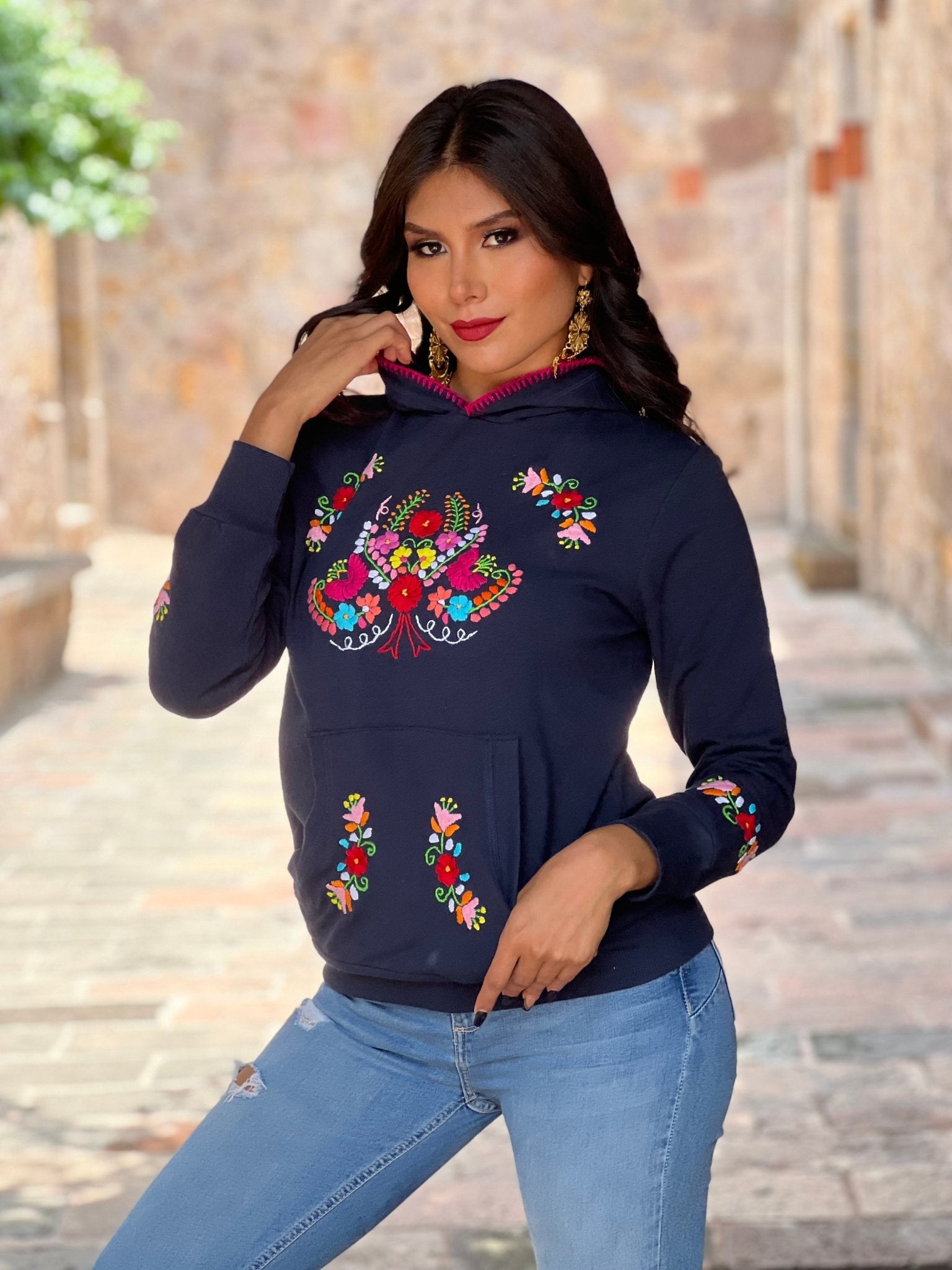 Mexican Hand Embroidered Floral Hoodie. Poblana Hoodie - Solei Store