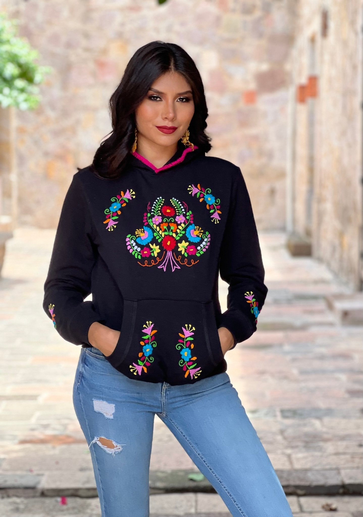 Mexican Hand Embroidered Floral Hoodie. Poblana Hoodie - Solei Store