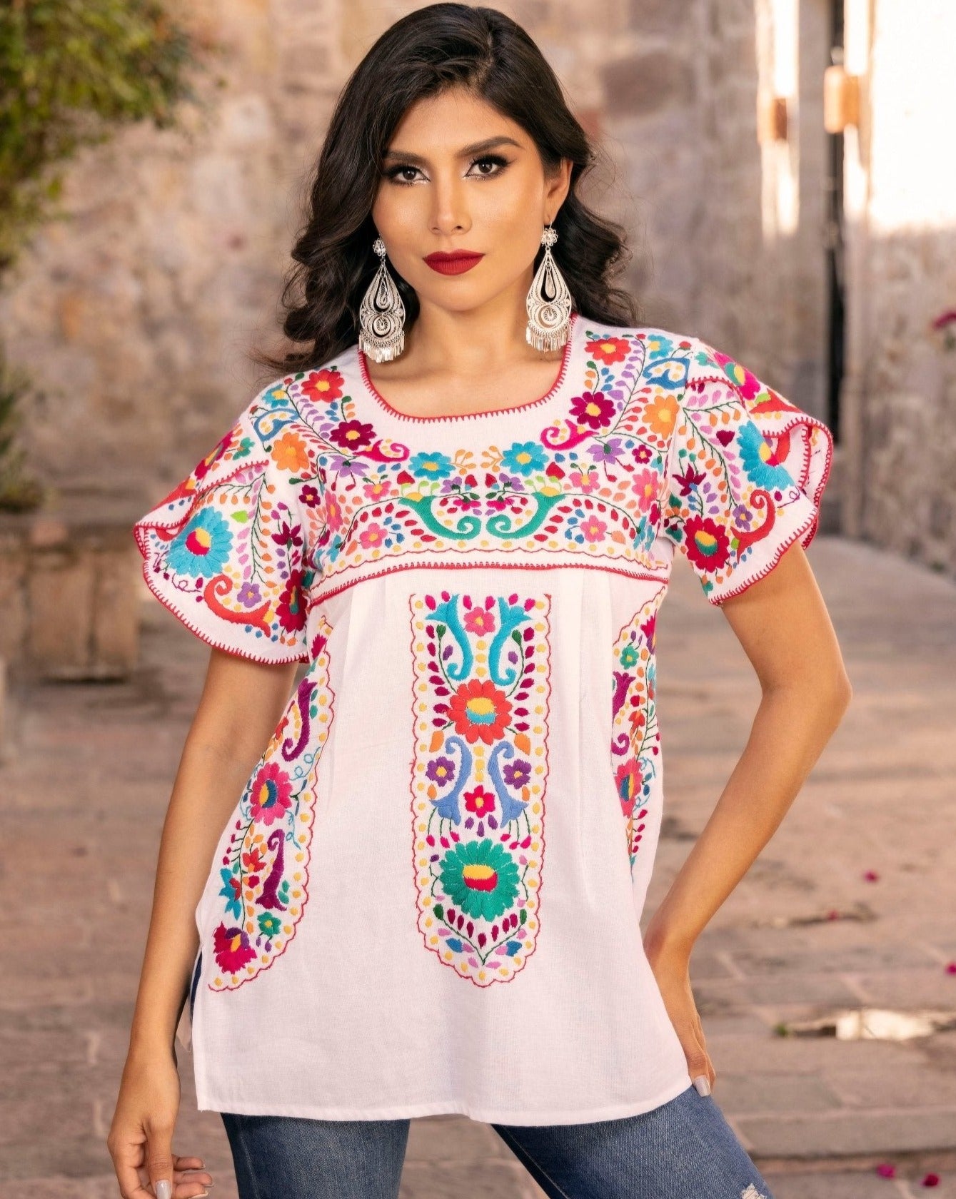 Mexican Hand Embroidered Floral Multicolor Blouse. Blusa Camelia. - Solei Store