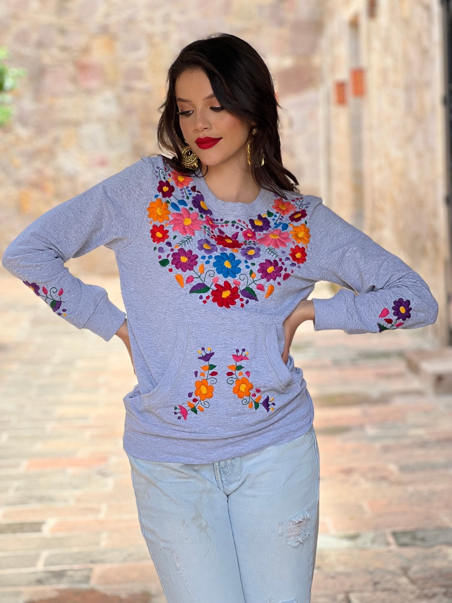 Mexican Hand Embroidered Floral Sweatshirt. Fernanda Sweatshirt - Solei Store