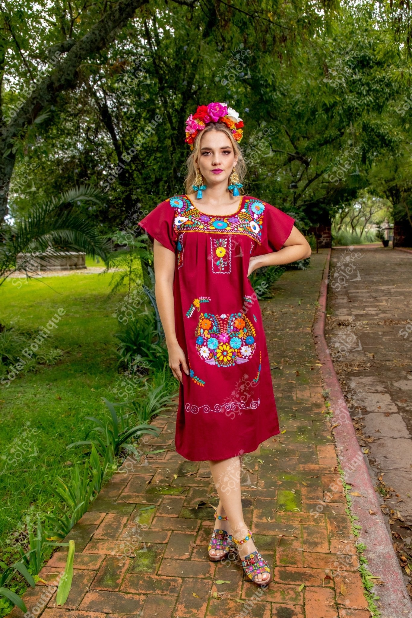 Mexican Hand Embroidered Floral Tehuacan Fino Dress - Solei Store