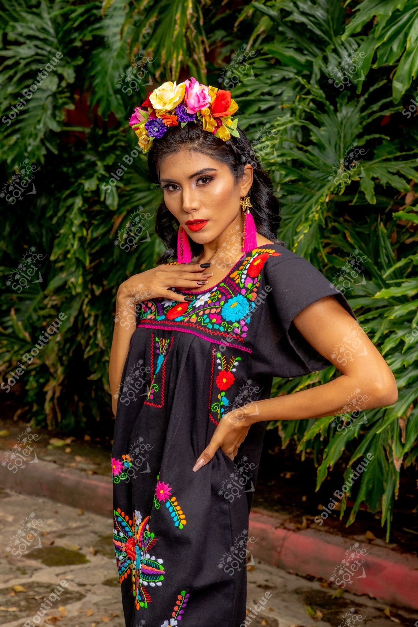 Mexican Hand Embroidered Floral Tehuacan Fino Dress - Solei Store