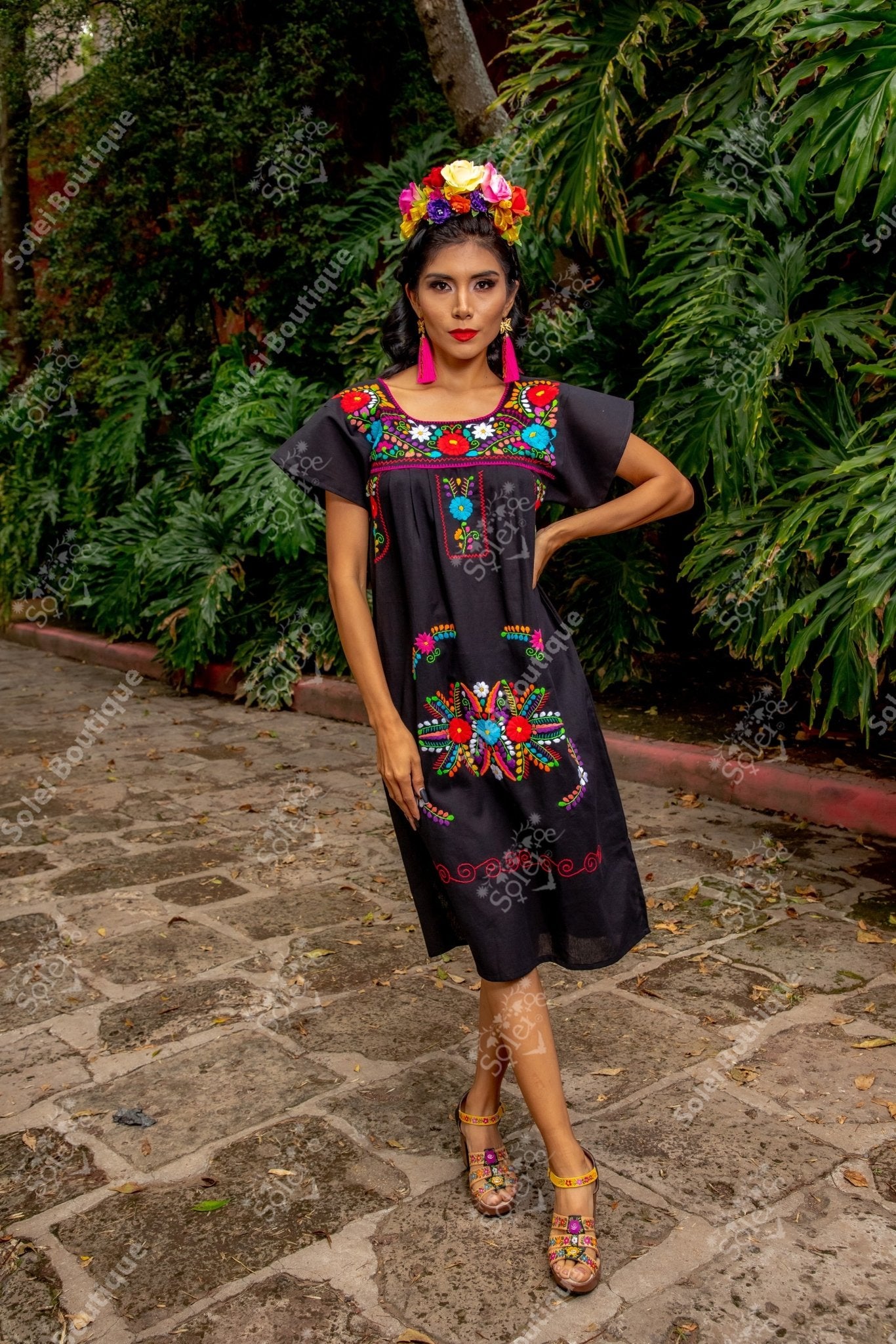 Mexican Hand Embroidered Floral Tehuacan Fino Dress - Solei Store