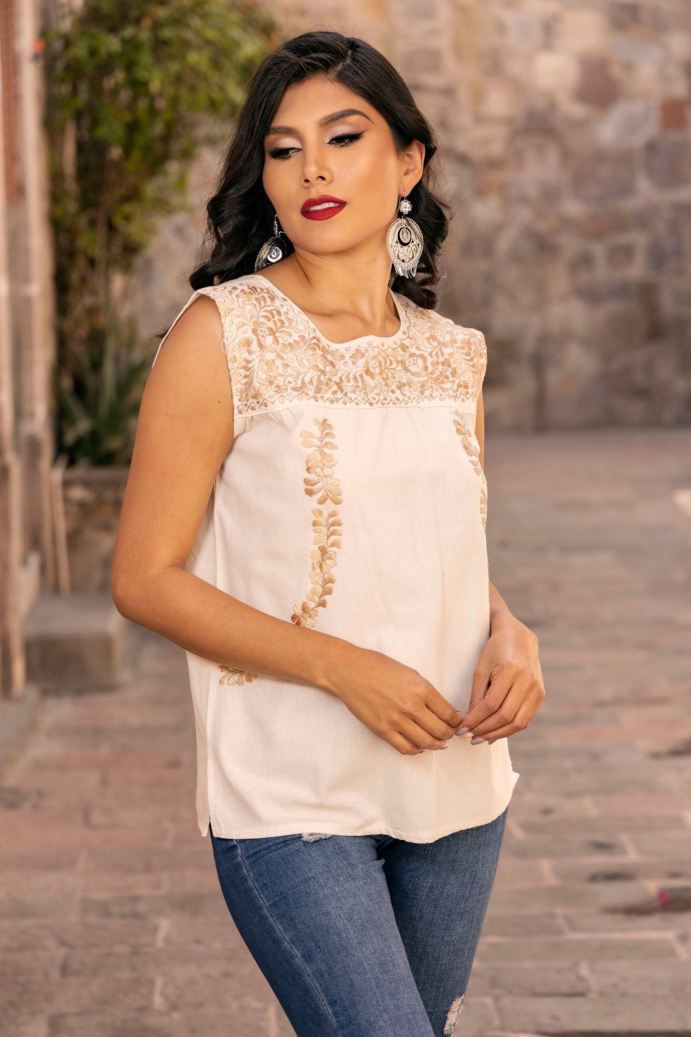 Mexican Hand Embroidered Gold Floral Top. Antonina Golden Blouse. - Solei Store