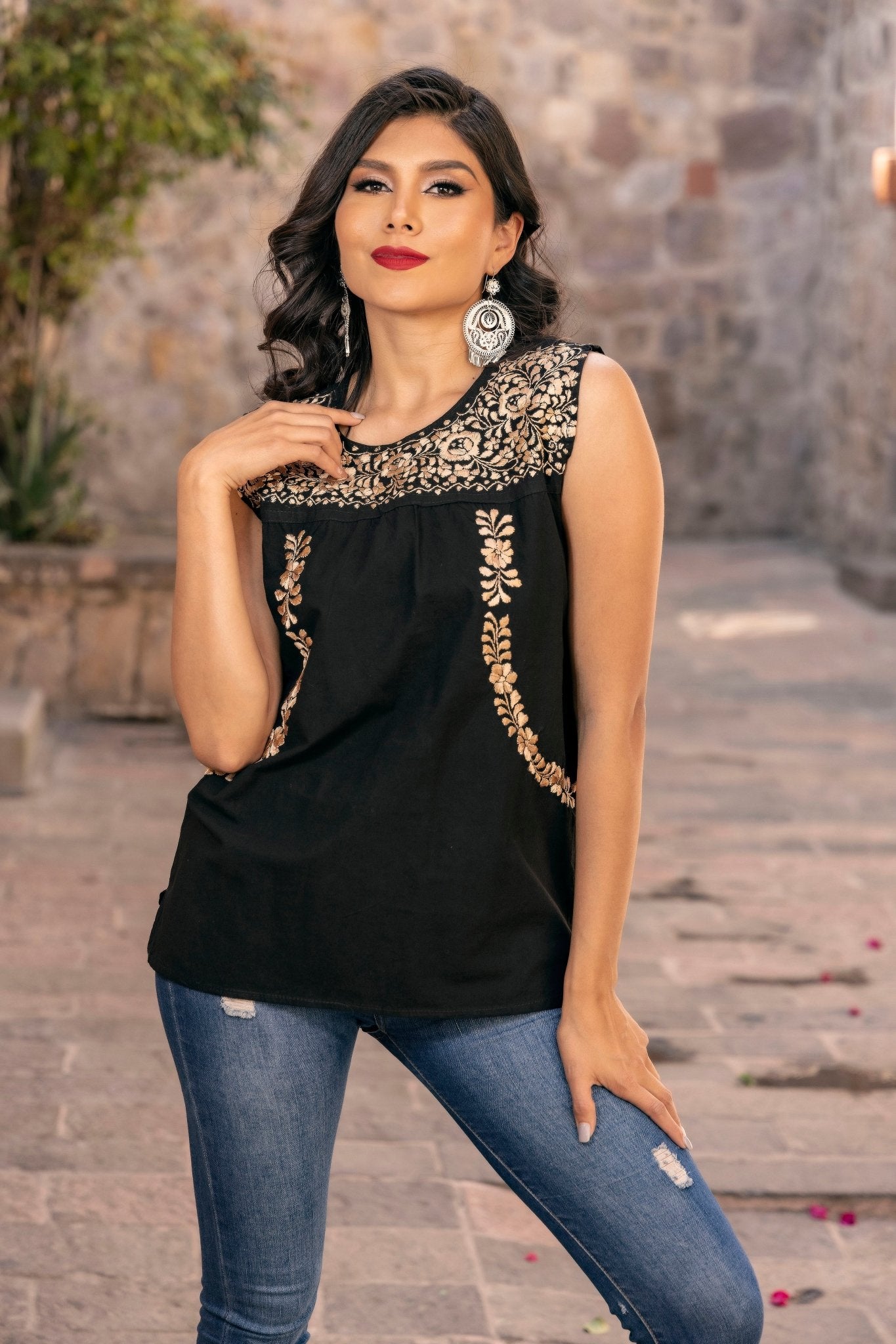 Mexican Hand Embroidered Gold Floral Top. Antonina Golden Blouse. - Solei Store