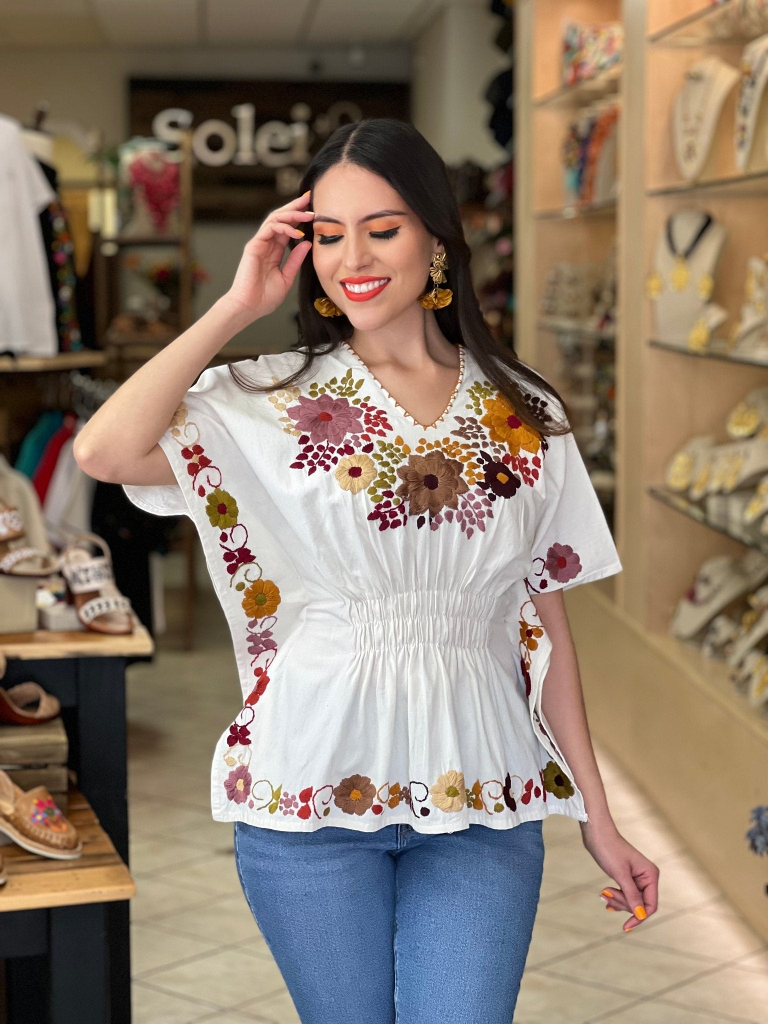 Mexican Hand Embroidered Peplum Blouse. Elegant Mexican Blouse. Maribel Blouse. - Solei Store