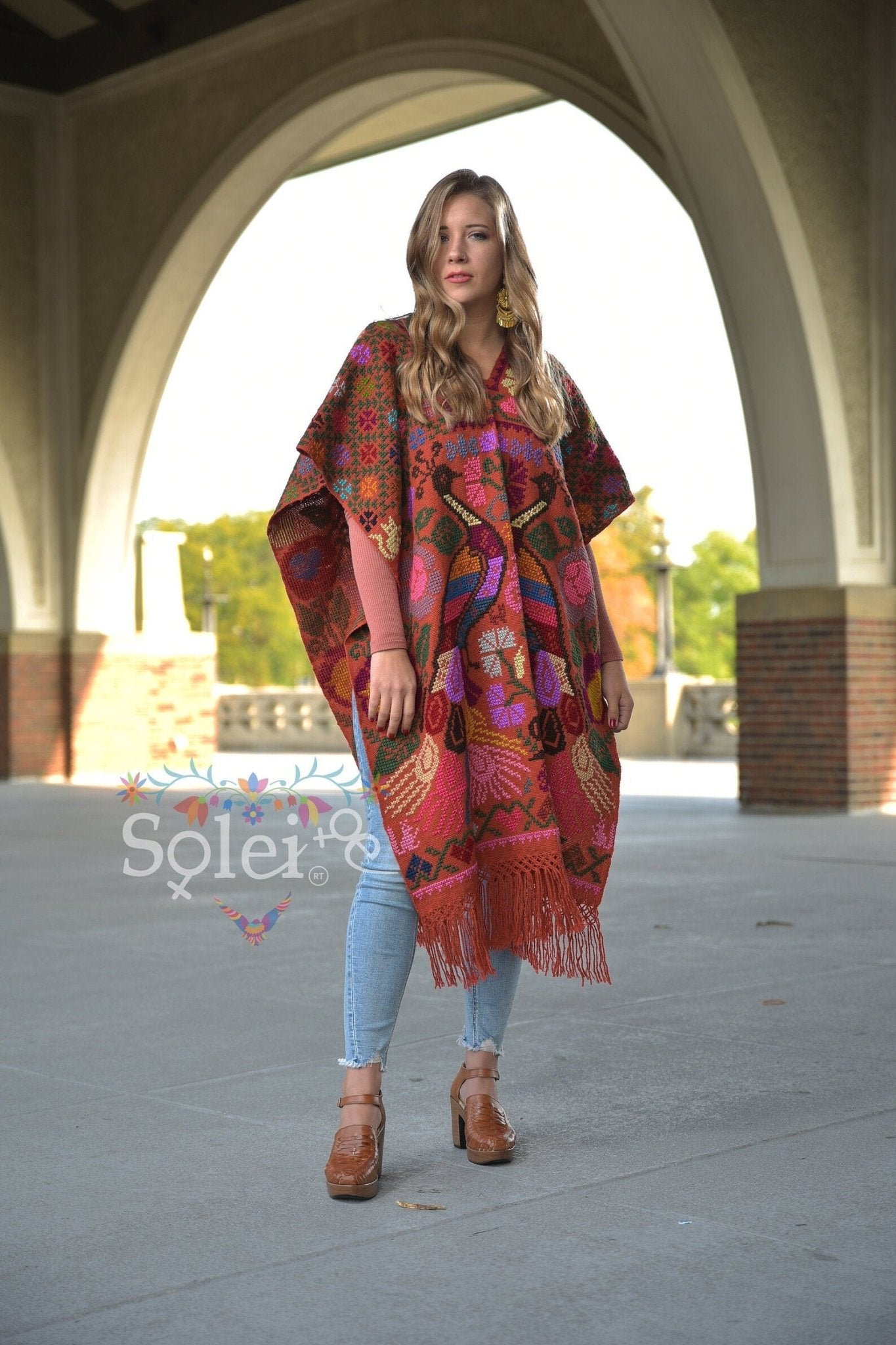 Mexican Hand Embroidered Poncho. Gaban Pavos. - Solei Store