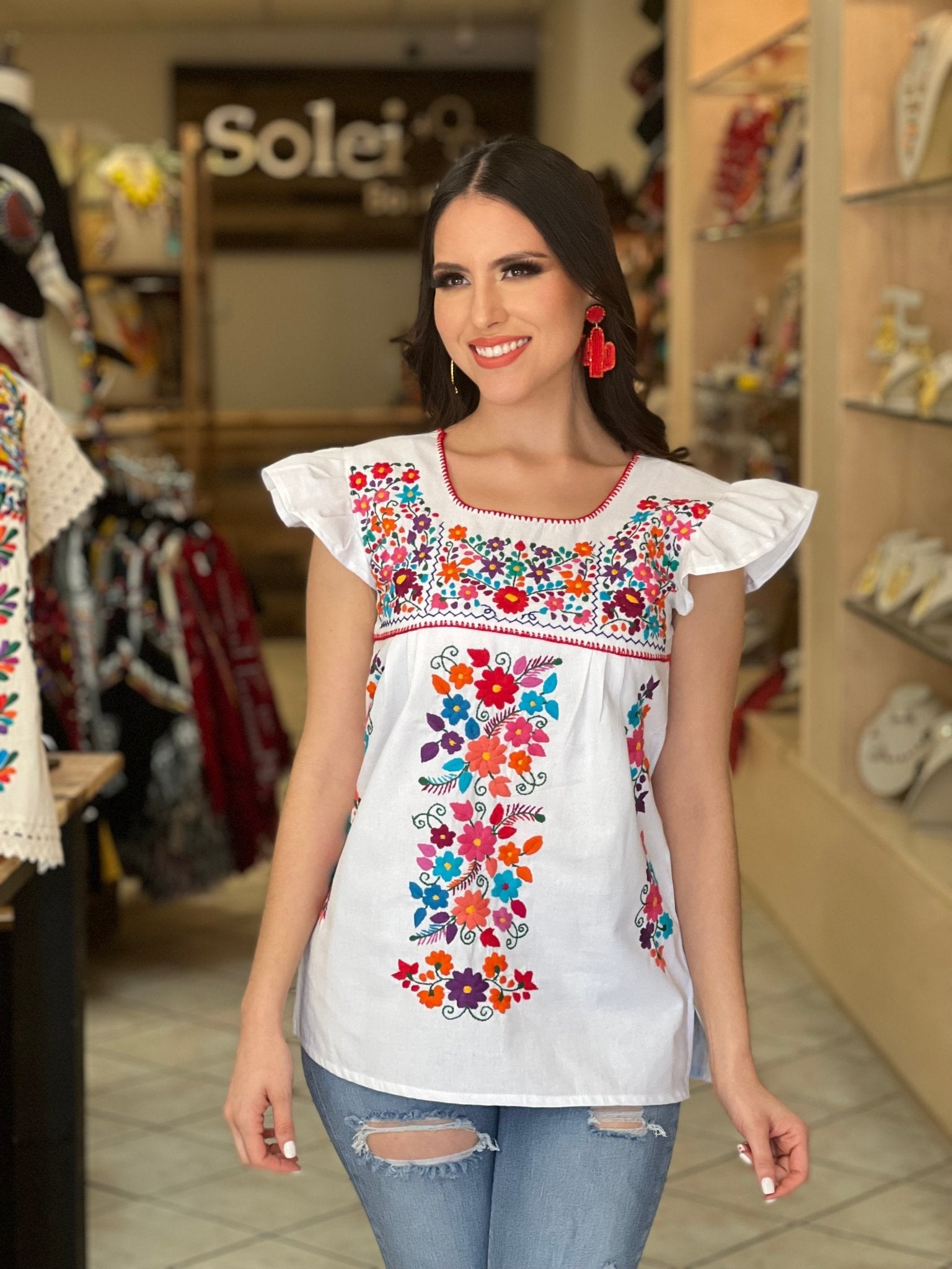 Mexican Hand Embroidered Ruffle Sleeve Blouse. Elba Blouse. - Solei Store