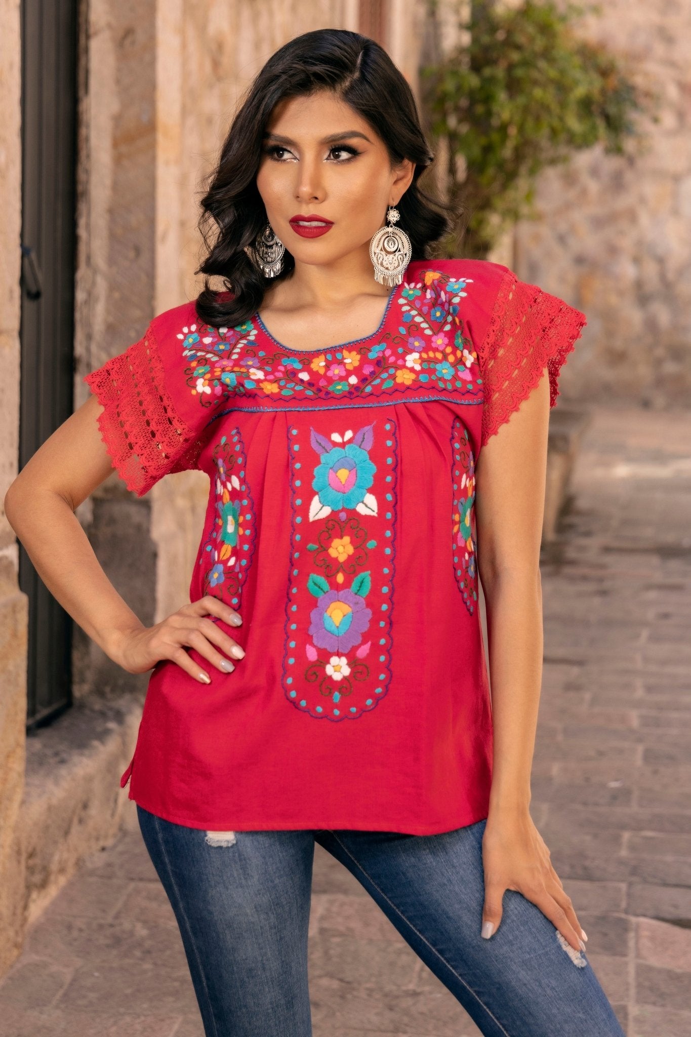 Mexican Hand Embroidered Tunic Blouse. Blusa De la Rosa. - Solei Store