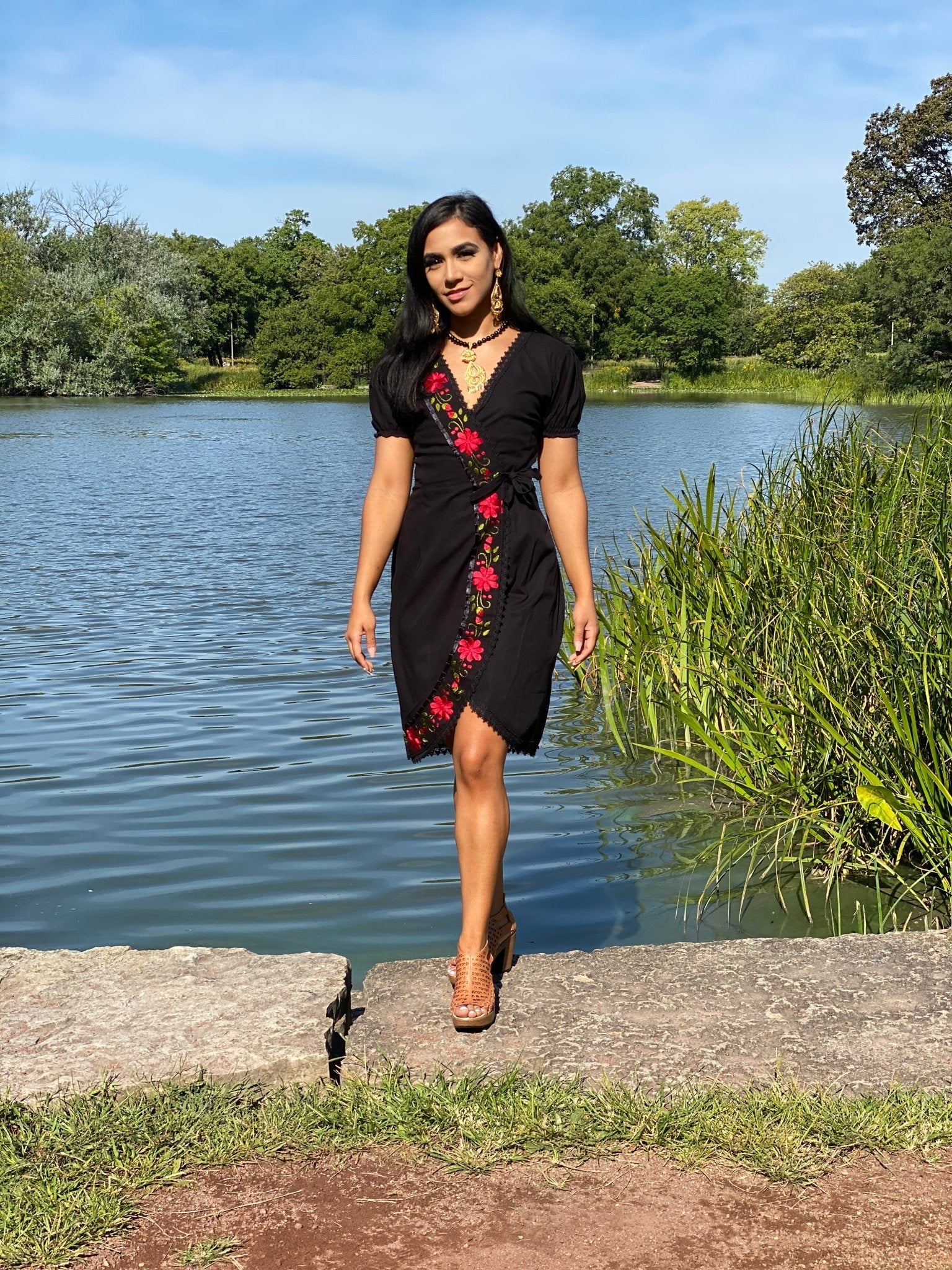 Mexican Hand Embroidered Wrap Dress in Black with Red Embroidery