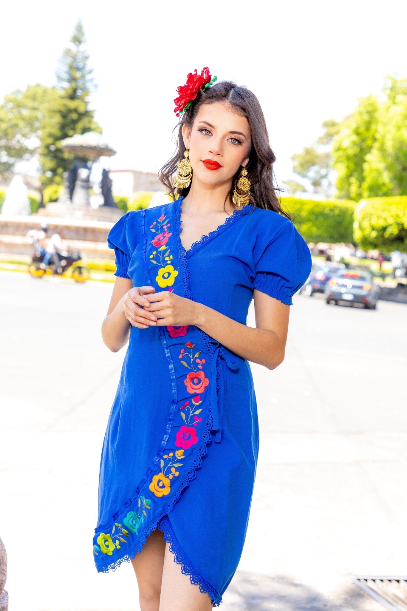 Mexican Hand Embroidered Wrap Dress in Royal Blue