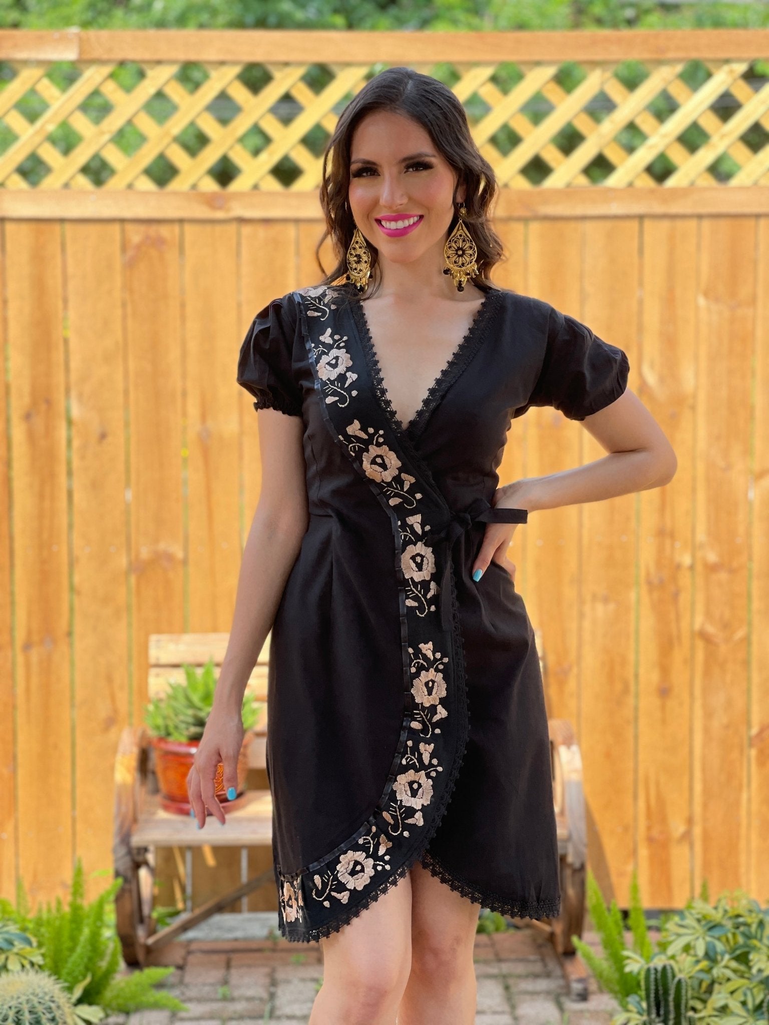 Mexican Hand Embroidered Wrap Dress in Black with Gold Embroidery