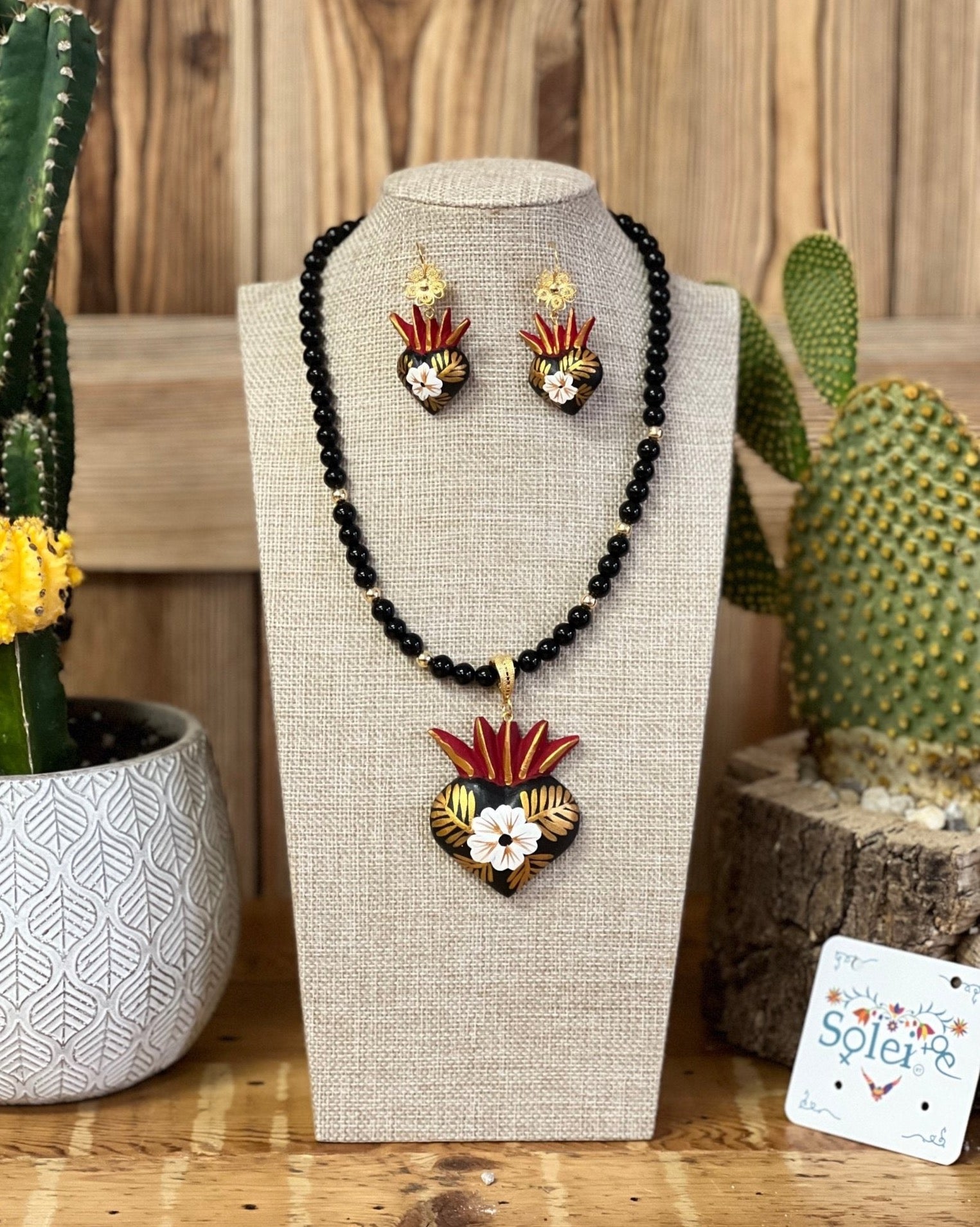 Mexican Hand Painted Heart Earrings and Necklace. Choker Filigrana y Copel. - Solei Store