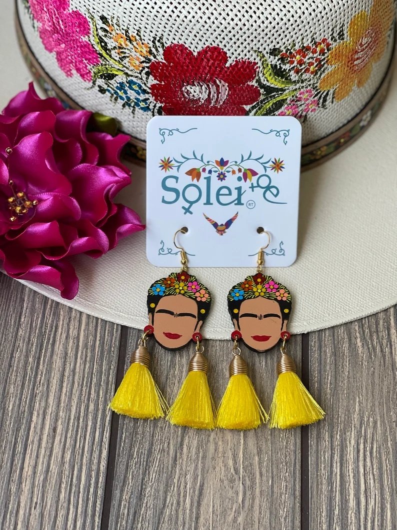 Mexican Hand Painted Silk Thread Earrings. Aretes Frida Doble Mota - Solei Store