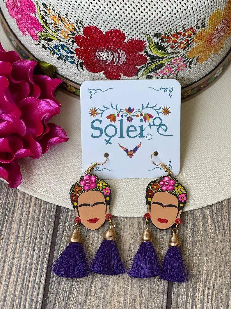 Mexican Hand Painted Silk Thread Earrings. Aretes Frida Doble Mota - Solei Store