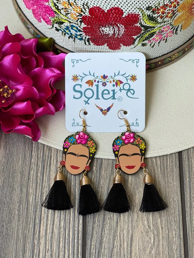 Mexican Hand Painted Silk Thread Earrings. Aretes Frida Doble Mota - Solei Store