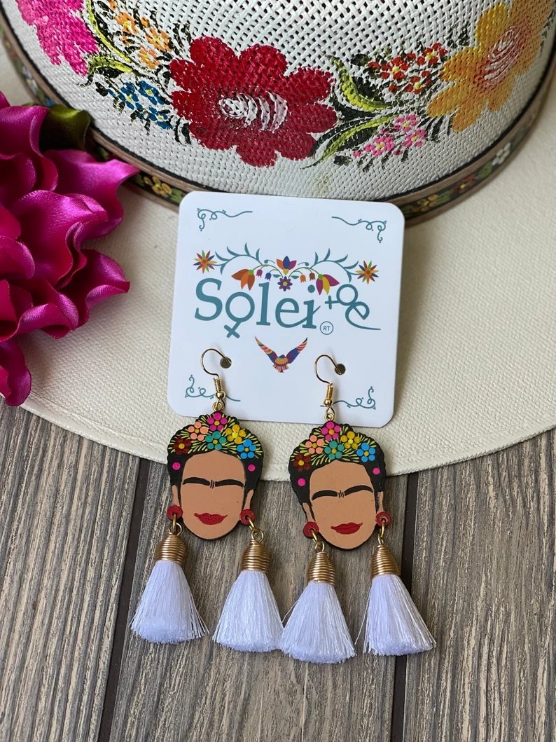 Mexican Hand Painted Silk Thread Earrings. Aretes Frida Doble Mota - Solei Store