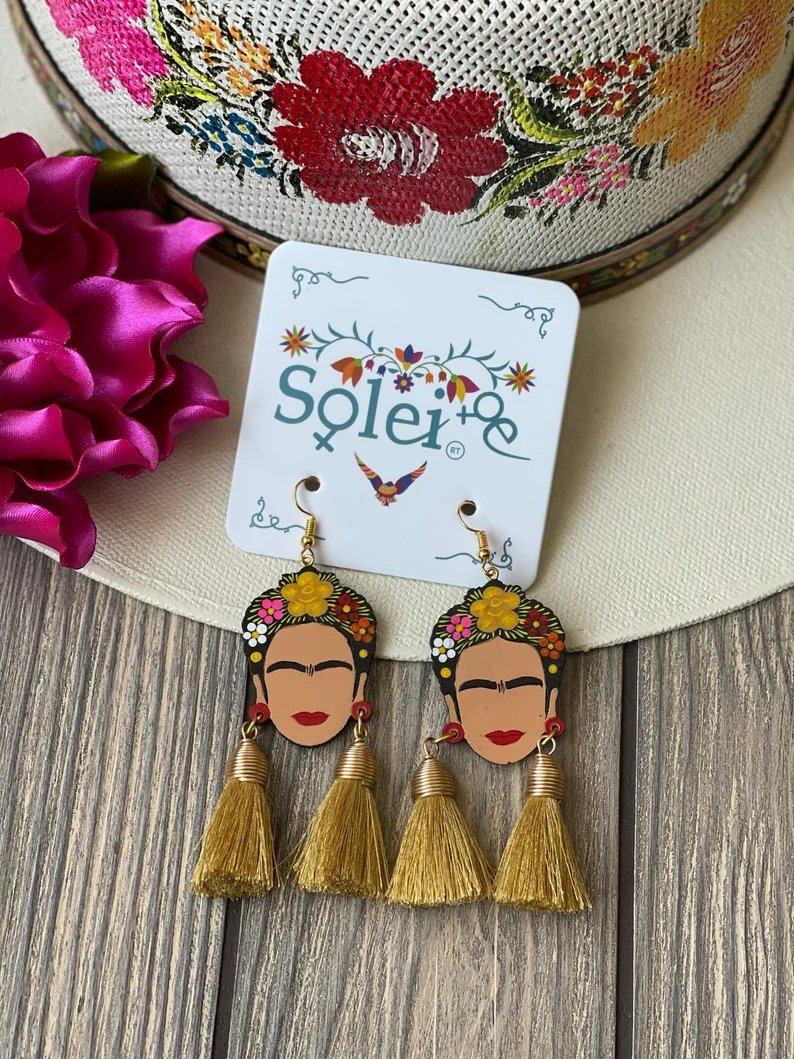 Mexican Hand Painted Silk Thread Earrings. Aretes Frida Doble Mota - Solei Store