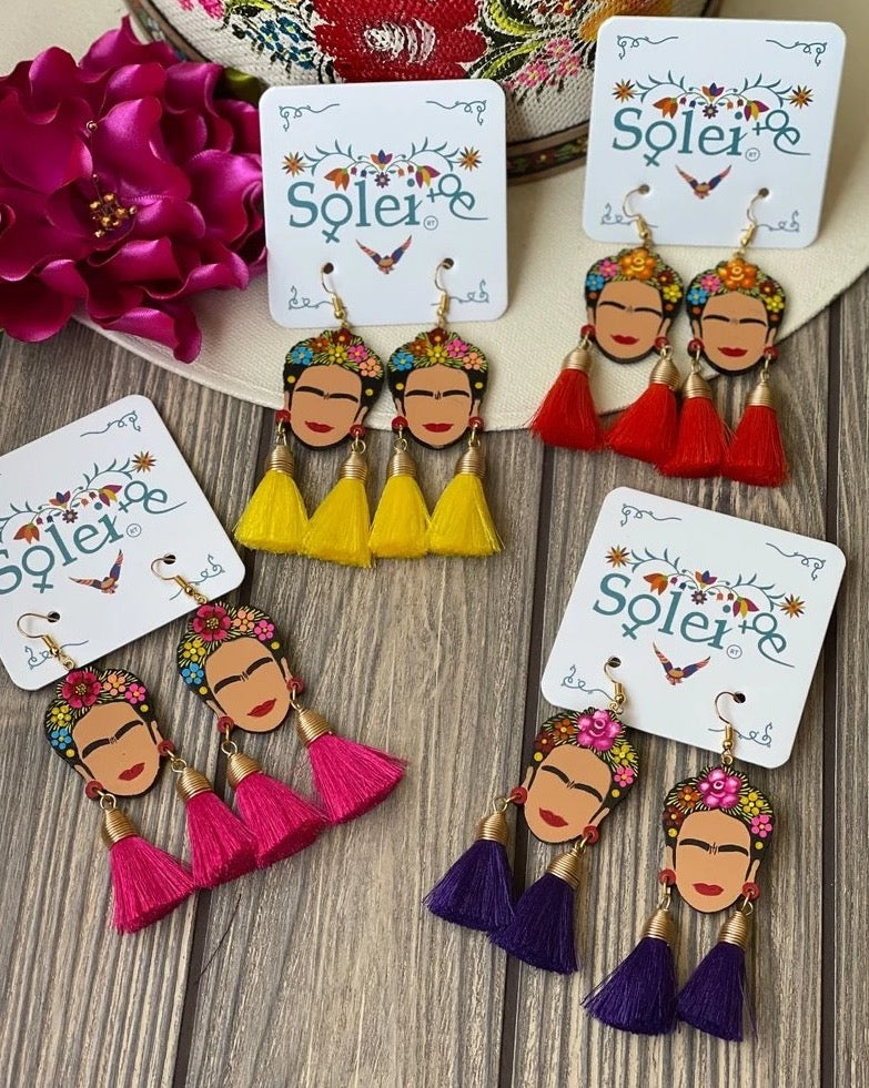 Mexican Hand Painted Silk Thread Earrings. Aretes Frida Doble Mota - Solei Store