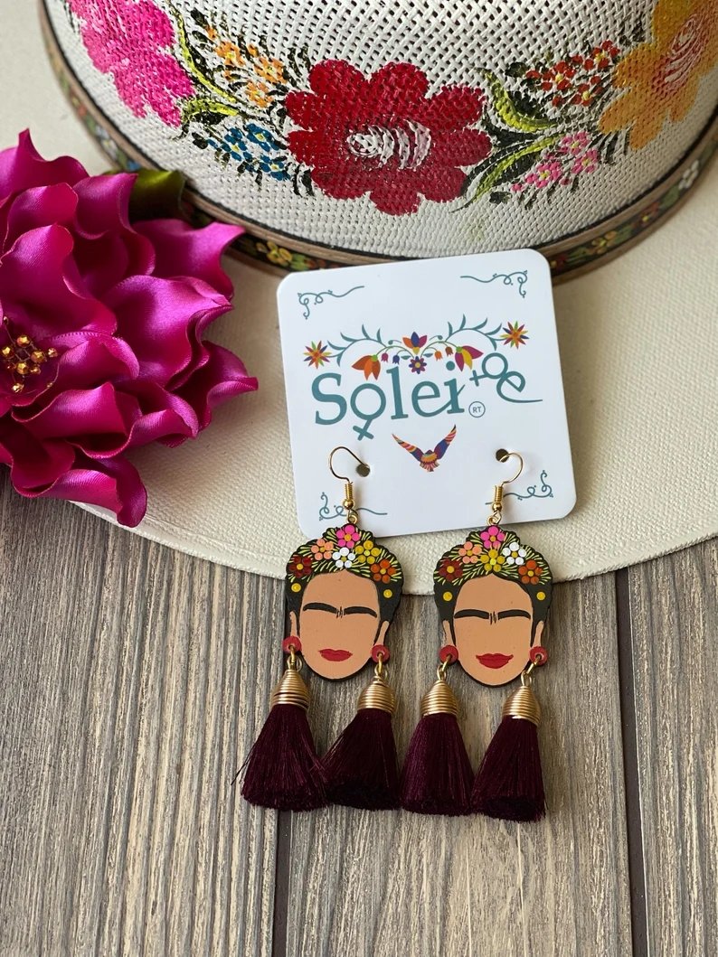 Mexican Hand Painted Silk Thread Earrings. Aretes Frida Doble Mota - Solei Store