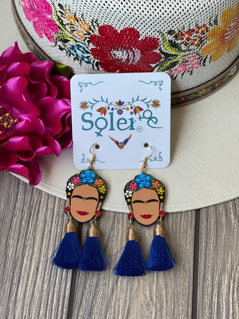 Mexican Hand Painted Silk Thread Earrings. Aretes Frida Doble Mota - Solei Store