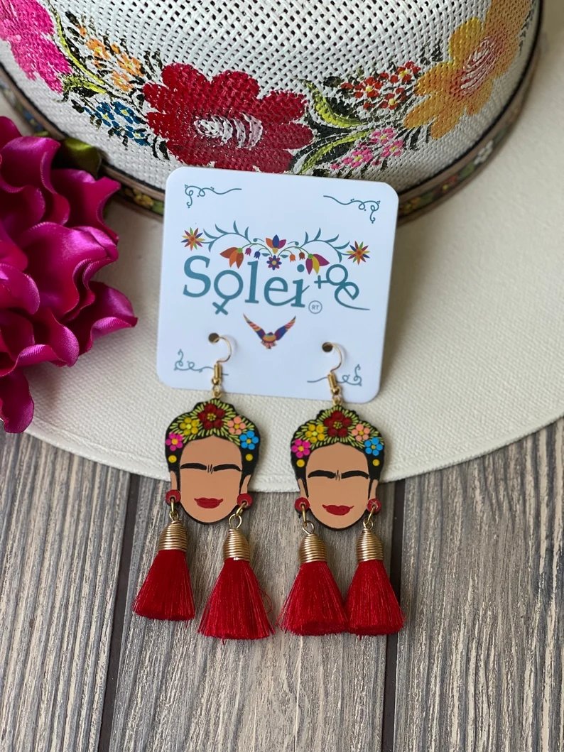 Mexican Hand Painted Silk Thread Earrings. Aretes Frida Doble Mota - Solei Store