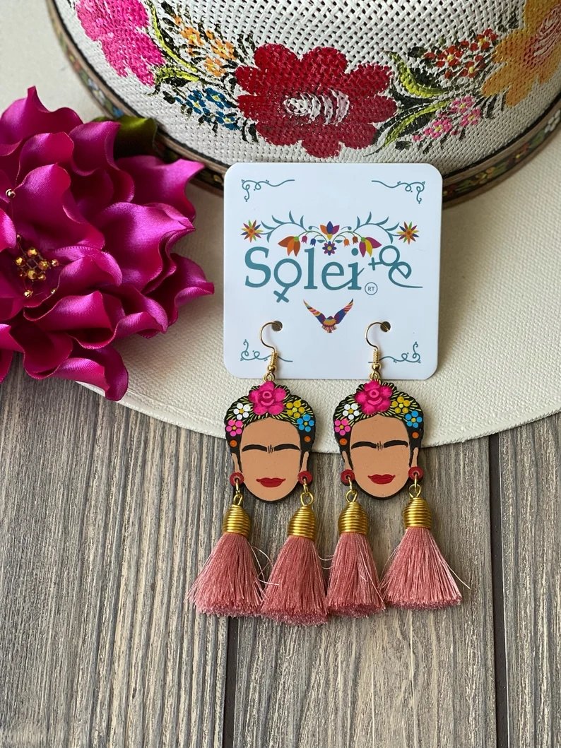 Mexican Hand Painted Silk Thread Earrings. Aretes Frida Doble Mota - Solei Store