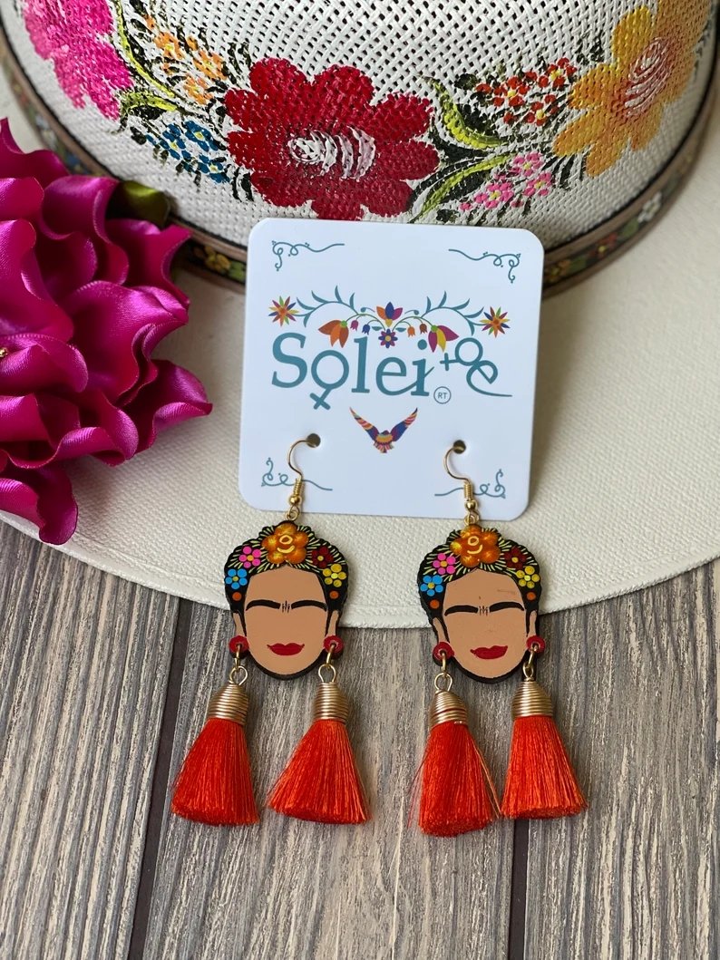 Mexican Hand Painted Silk Thread Earrings. Aretes Frida Doble Mota - Solei Store