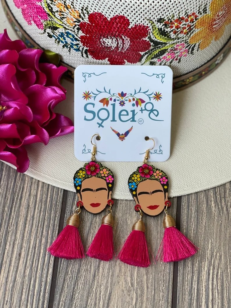 Mexican Hand Painted Silk Thread Earrings. Aretes Frida Doble Mota - Solei Store