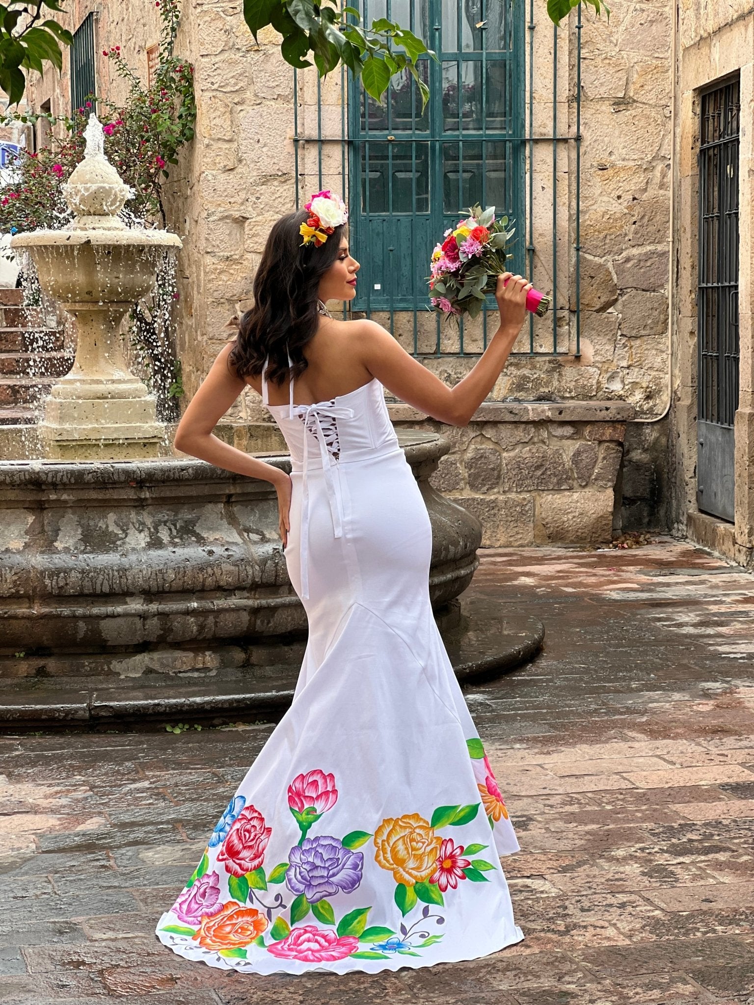 Elena Wedding Floral Mexican Dress. Vestido Mexicano Pintado de Novia