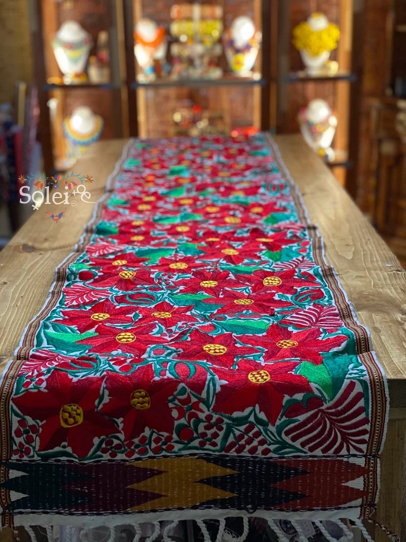 Mexican Handwoven Table Runner . Poinsettia Table Runner. Mexican Table Runner. Camino de Mesa Noche Buena. - Solei Store