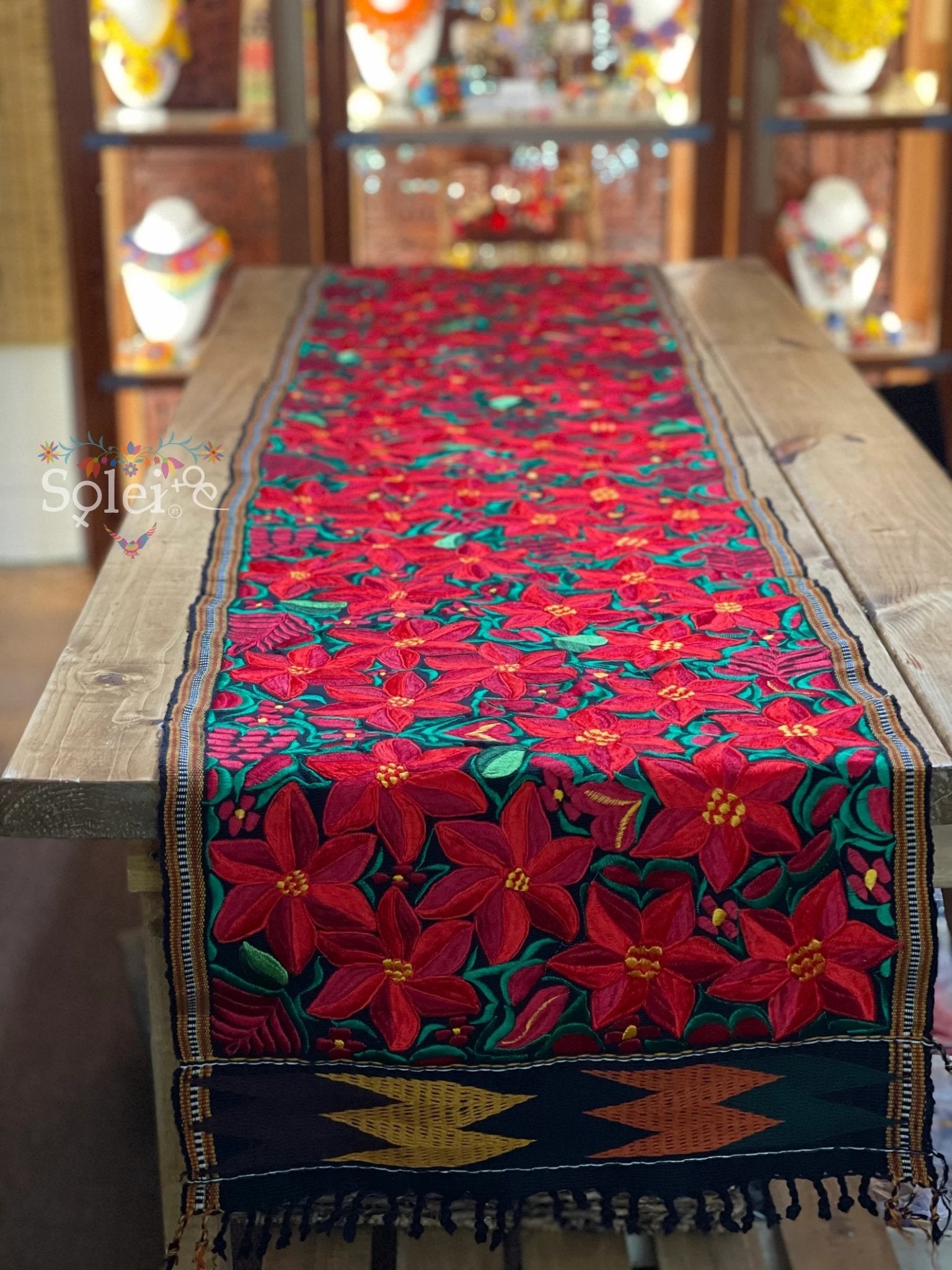 Mexican Handwoven Table Runner . Poinsettia Table Runner. Mexican Table Runner. Camino de Mesa Noche Buena. - Solei Store
