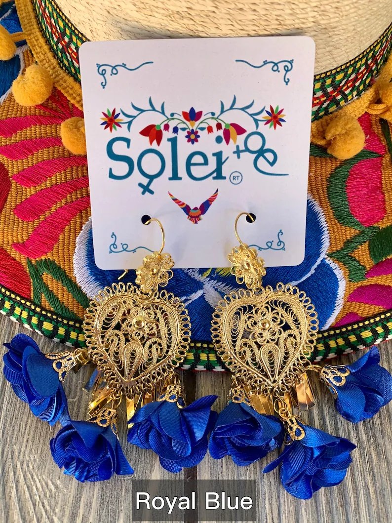 Mexican Heart Filigree Earrings. Gold Plated Filigree. Traditional Mexican Earrings. Arete Corazon Flores - Solei Store