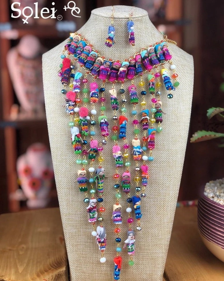 Mexican Jewerly Set. Traditional Little doll Necklace & Earrings. Handmade Jewelry. Collar Muñequita quita pena - Solei Store