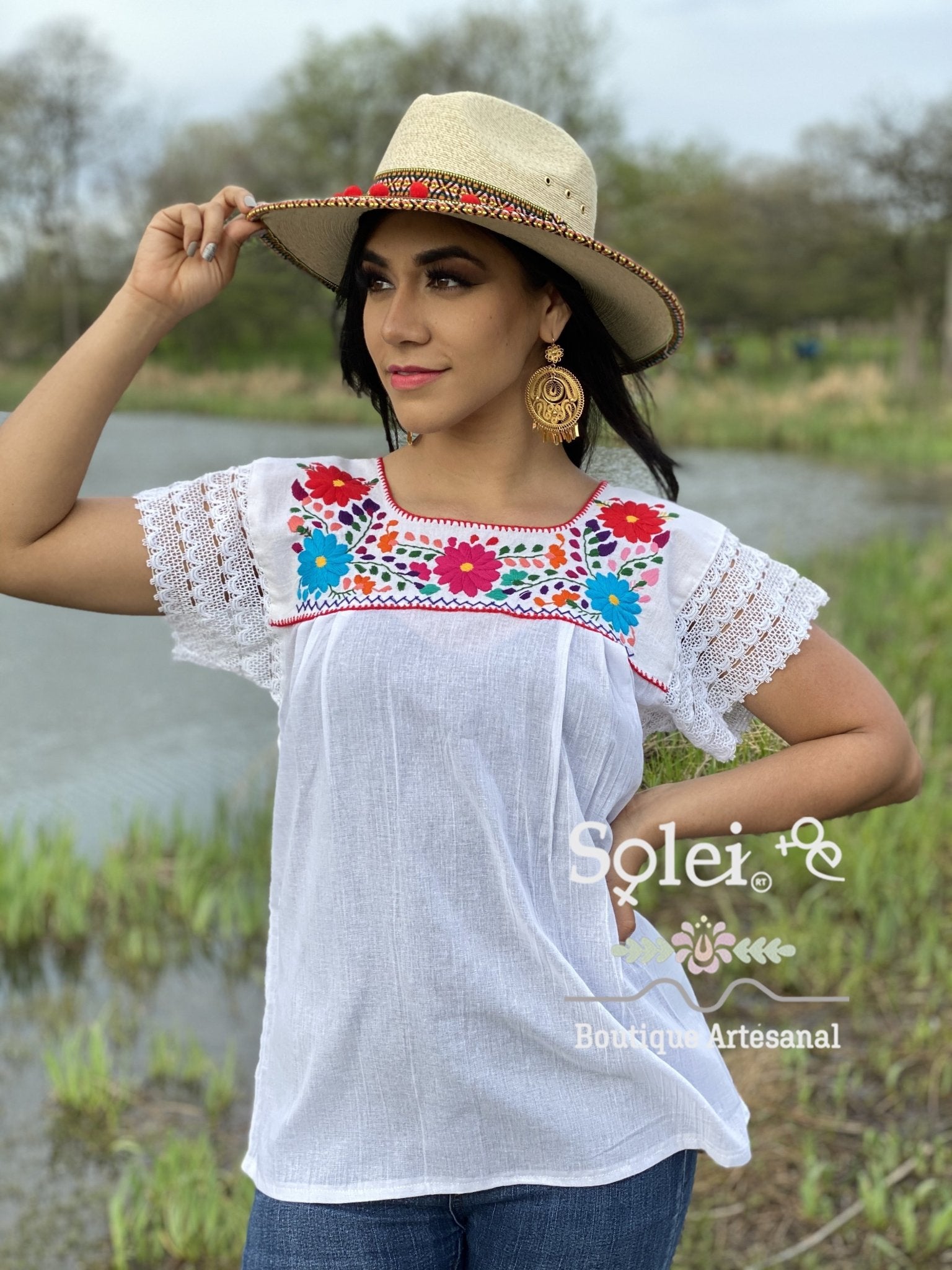 Mexican Lace Sleeve Floral Blouse. Delfina Blouse. - Solei Store