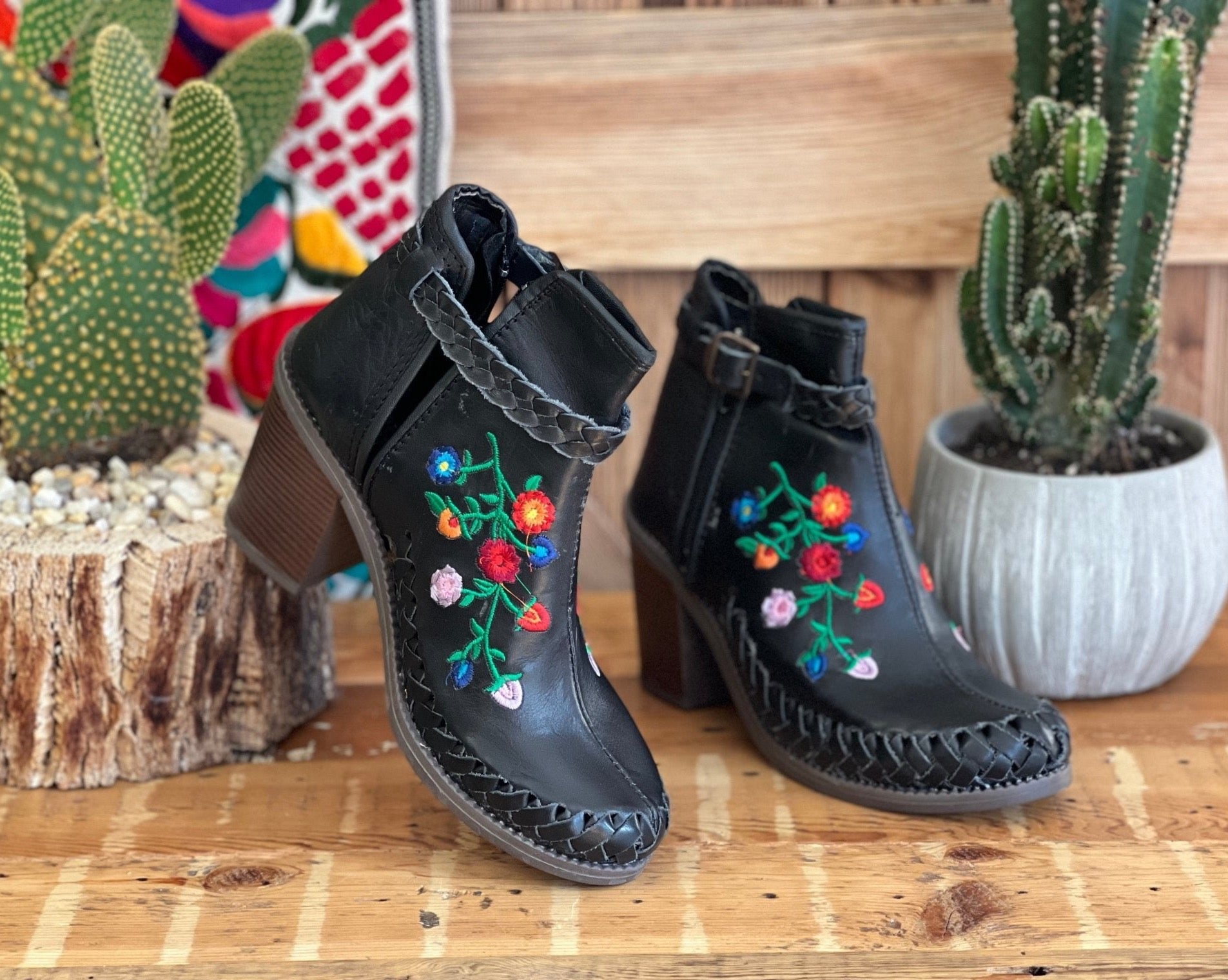 Mexican Leather Floral Embroidered Ankle Boots. Rita Ankle Boots - Solei Store