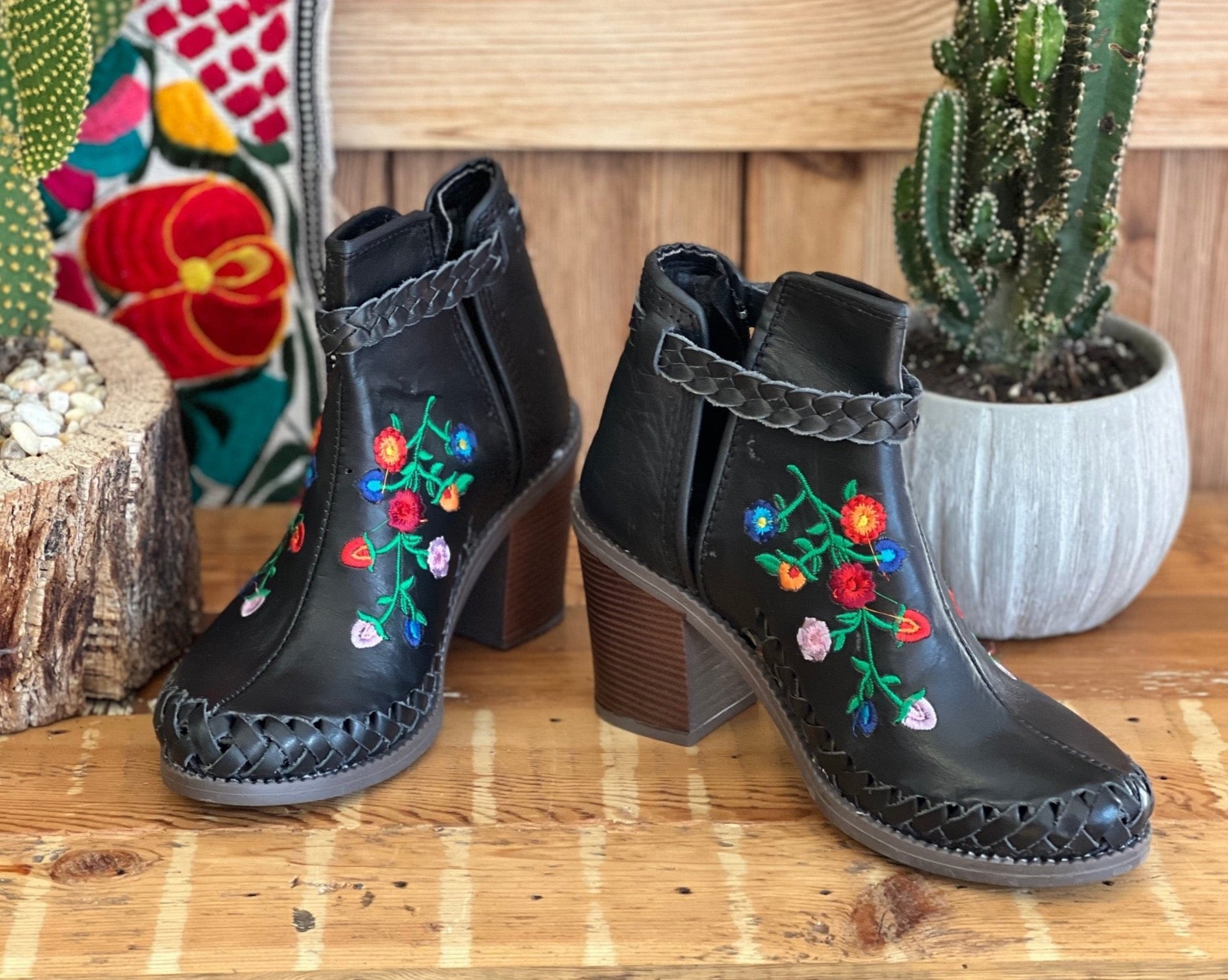 Mexican Leather Floral Embroidered Ankle Boots. Rita Ankle Boots - Solei Store