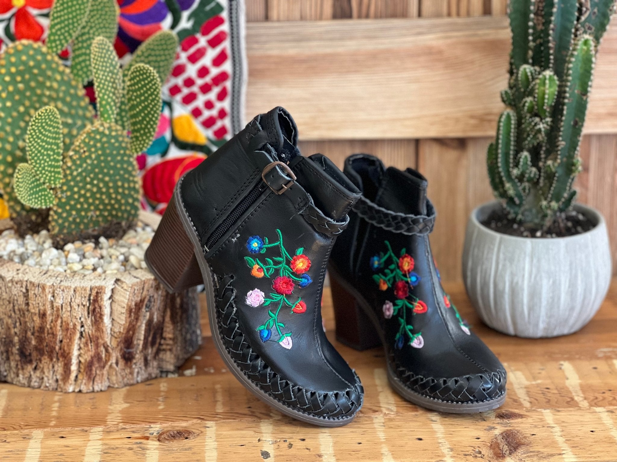 Mexican Leather Floral Embroidered Ankle Boots. Rita Ankle Boots - Solei Store