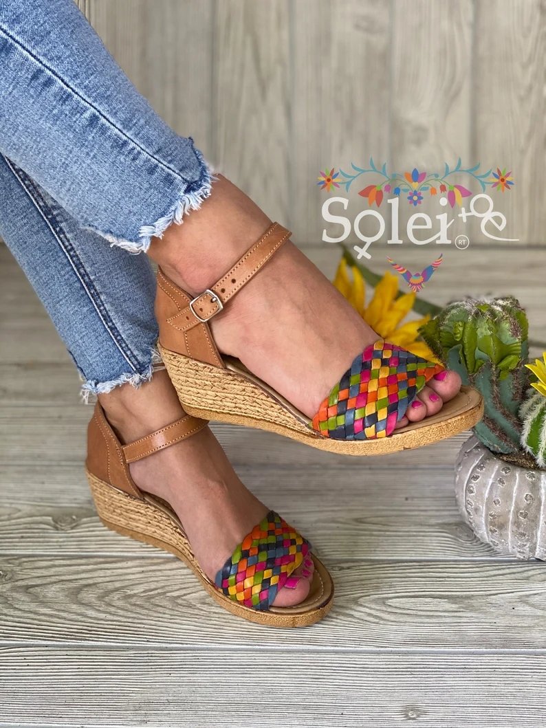 Mexican Leather Multicolor Wedge Heels. Claudia Multicolor Heels - Solei Store