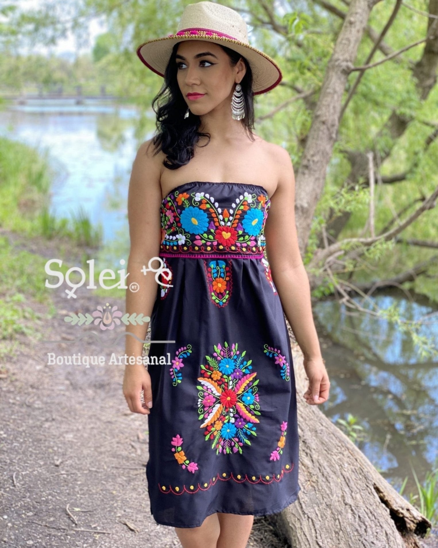 Mexican midi Strapless Dress, hand embroidered floral dress. - Solei Store