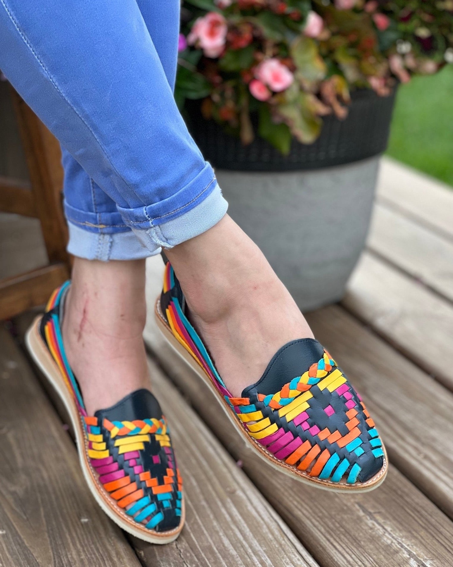 Mexican Multicolor Leather Shoes. Megan Blue Flats - Solei Store