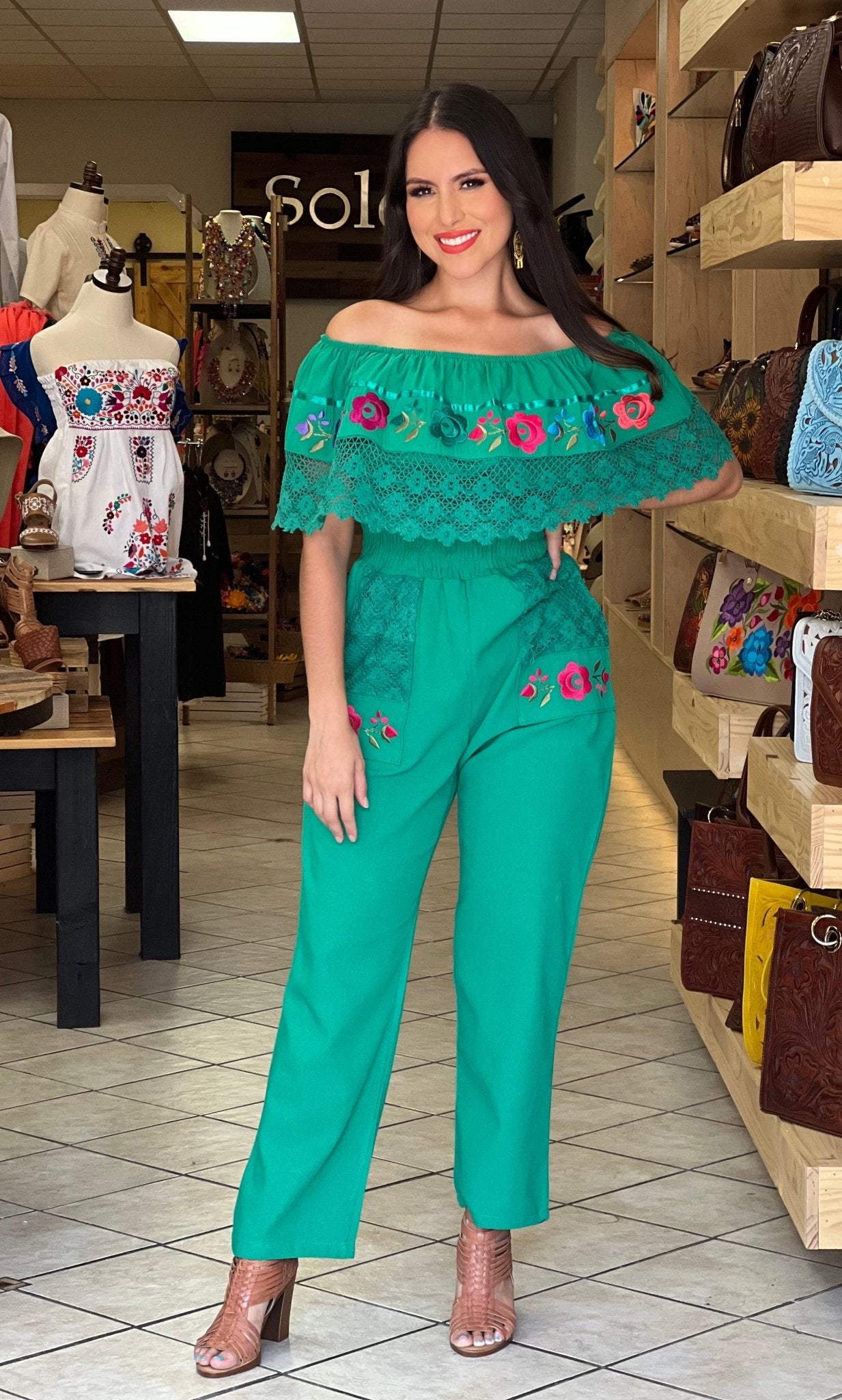 Mexican Off the Shoulder Jumpsuit. Jumpsuit Campesino Luxe. - Solei Store