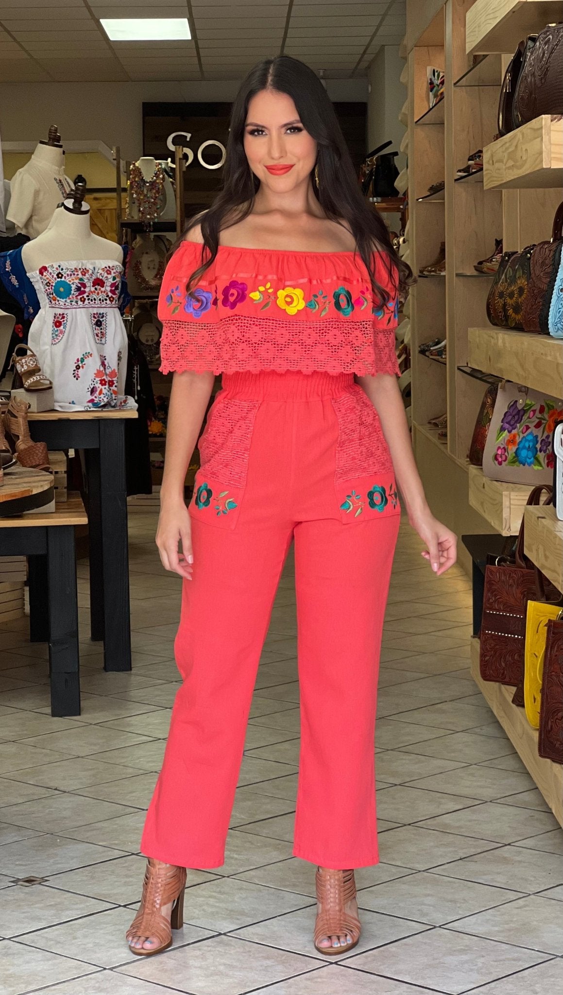 Mexican Off the Shoulder Jumpsuit. Jumpsuit Campesino Luxe. - Solei Store