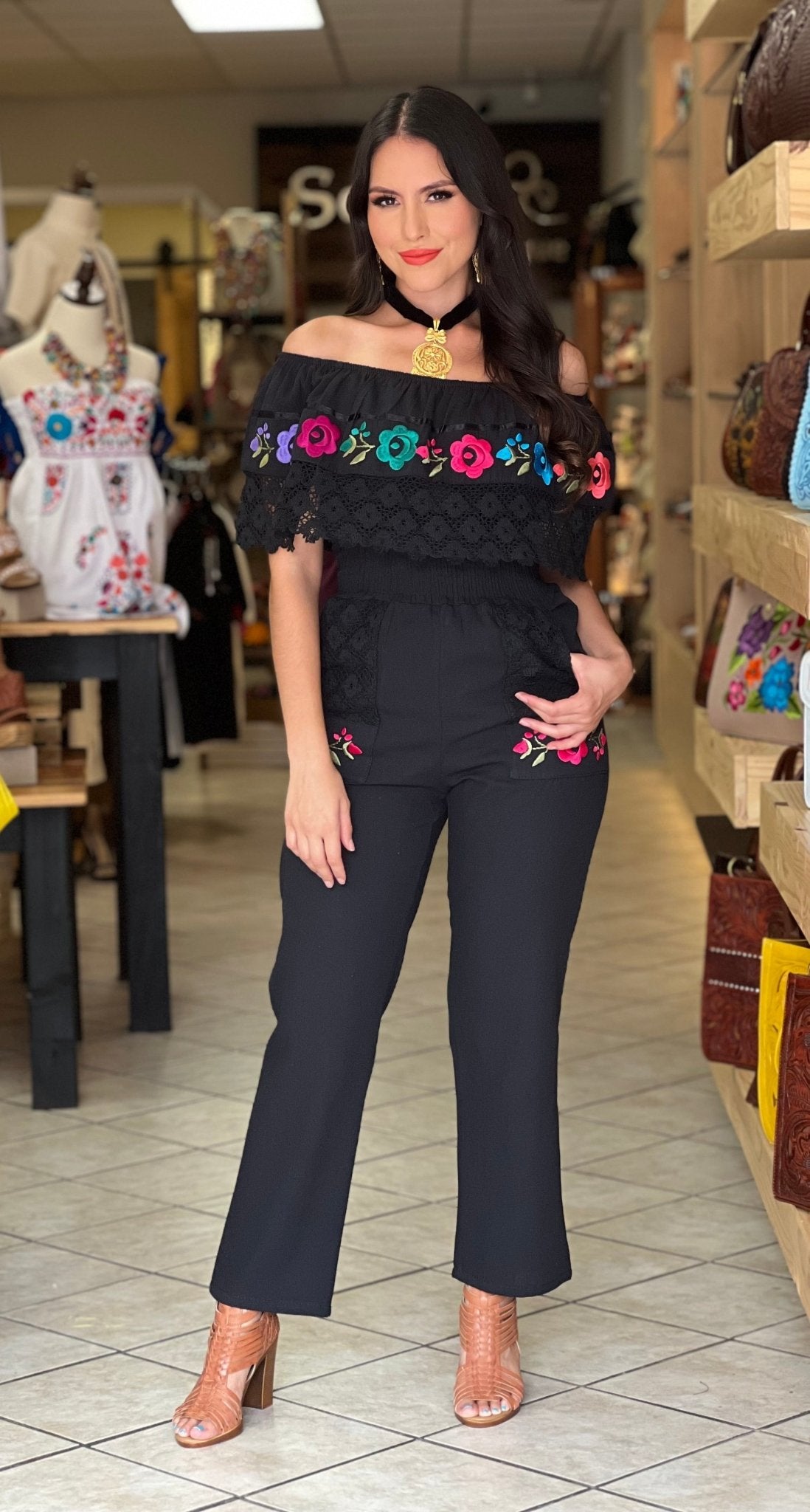 Mexican Off the Shoulder Jumpsuit. Jumpsuit Campesino Luxe. - Solei Store