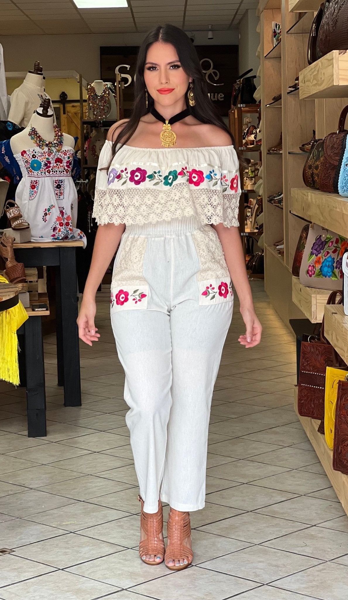 Mexican Off the Shoulder Jumpsuit. Jumpsuit Campesino Luxe. - Solei Store